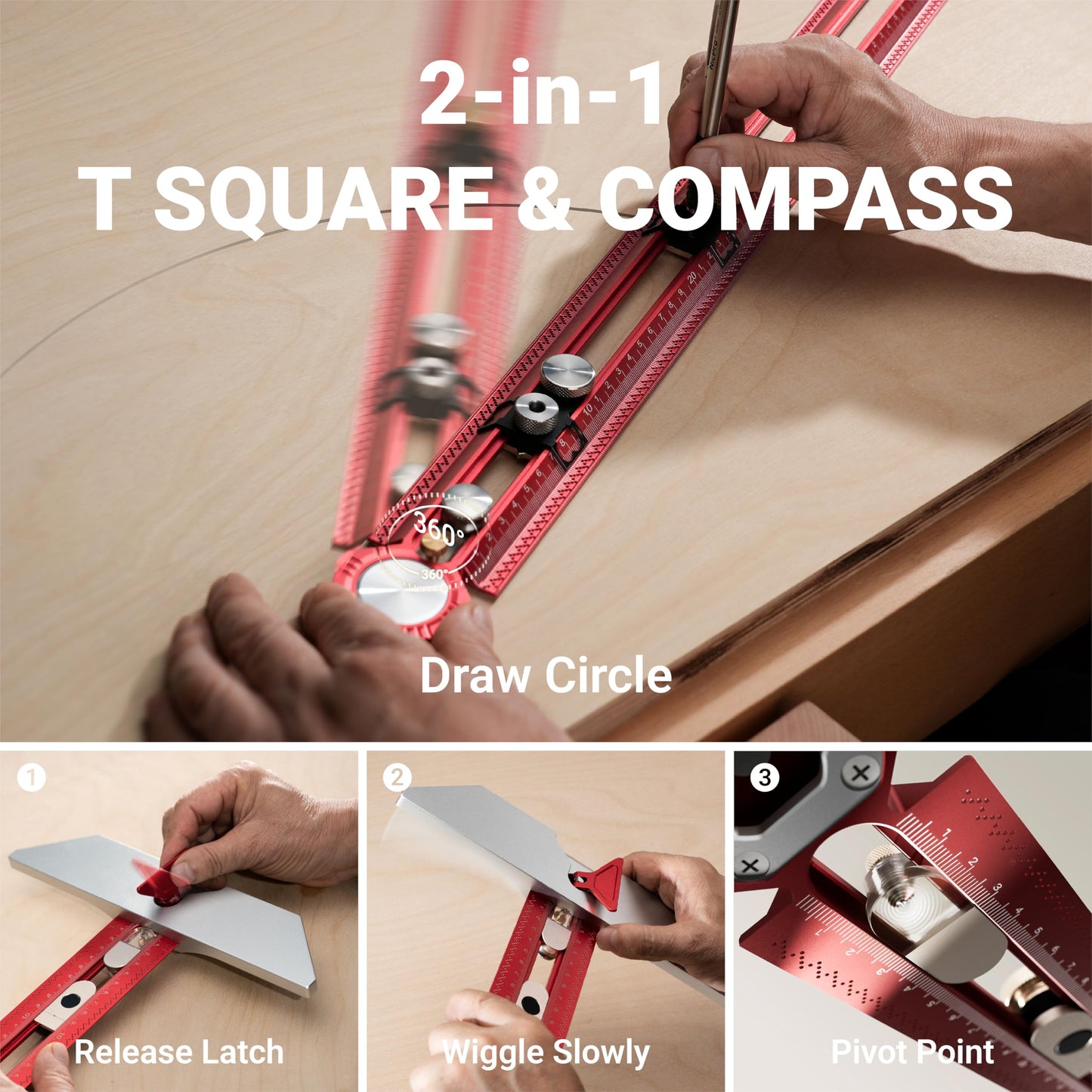 HONGDUI 415mm Woodworking T Square Ruler with Drill Bushing, 2 in 1 Compass Scriber Aluminum Alloy, Adjustable Precision Line Drawing Ruler Carpenter Square Woodworking Tool