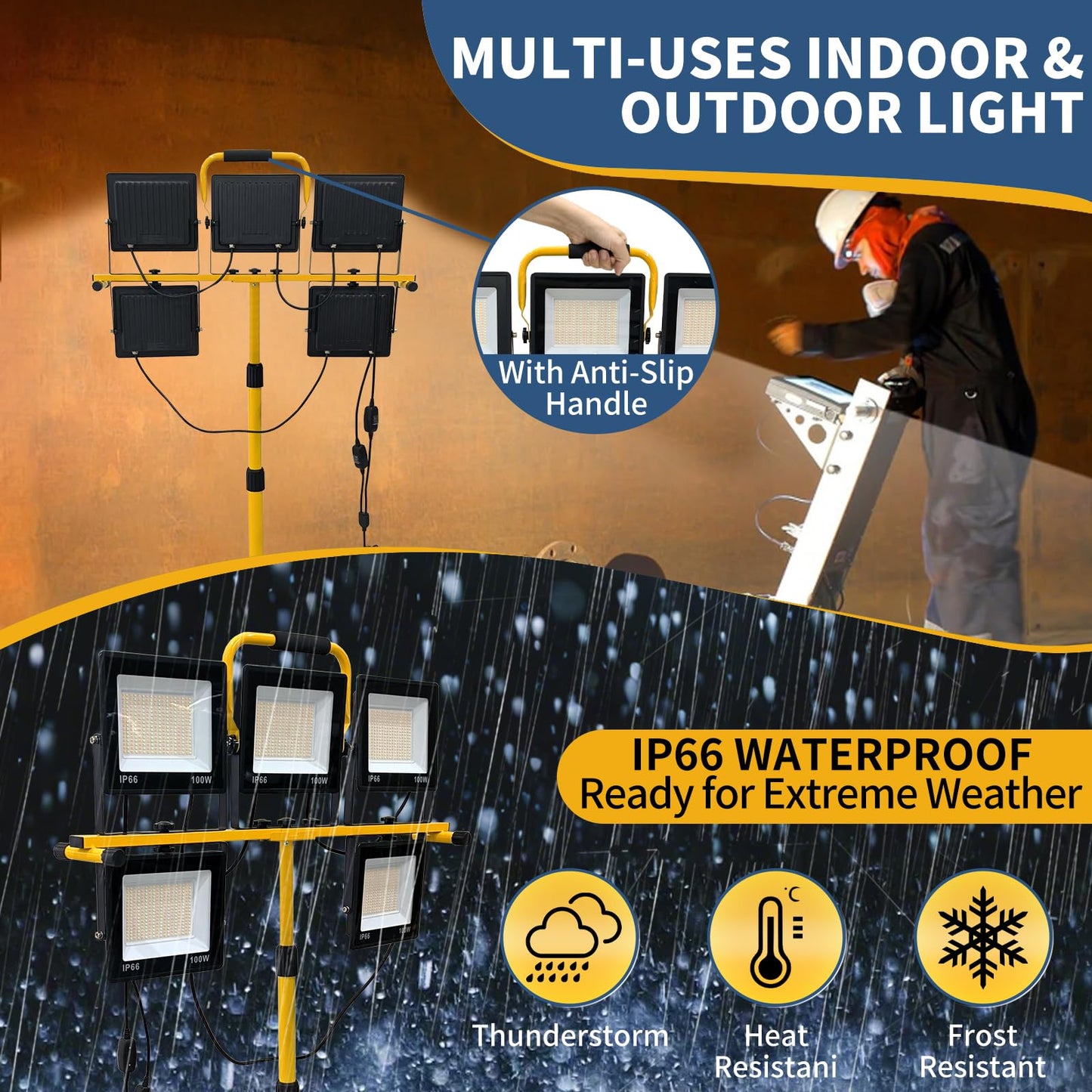 50000LM LED Work Light with Stand, 5-Head Tripod Work Light with 3000K-6500K Dimmable, 3 Modes Portable Light for Construction Site, Garage, Workshop, Job Site, Emergency Lighting