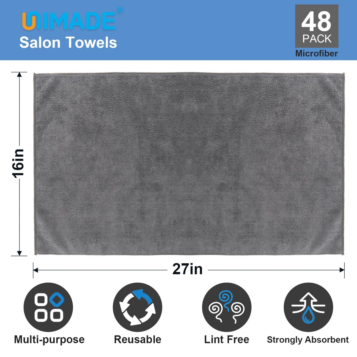 UNIMADE 24 Pack Gym Towels Set - Highly Absorbent and Quick Drying Microfiber Salon Towels, Premium Hand Cloths for Bathroom, Gym, Shower, Hotel, and Spa - 16x27 inch (Grey)