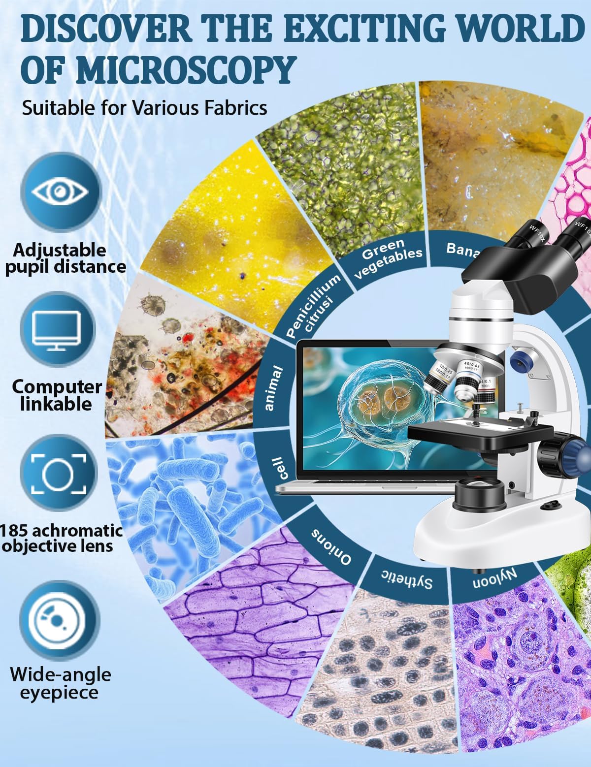 Woehrsh Microscope for Adults WF10x and WF25x eyepieces, 40X-2000X Magnification USB Camera, Microscope for Adults Suitable for Laboratory School Home Education（White Microscope）