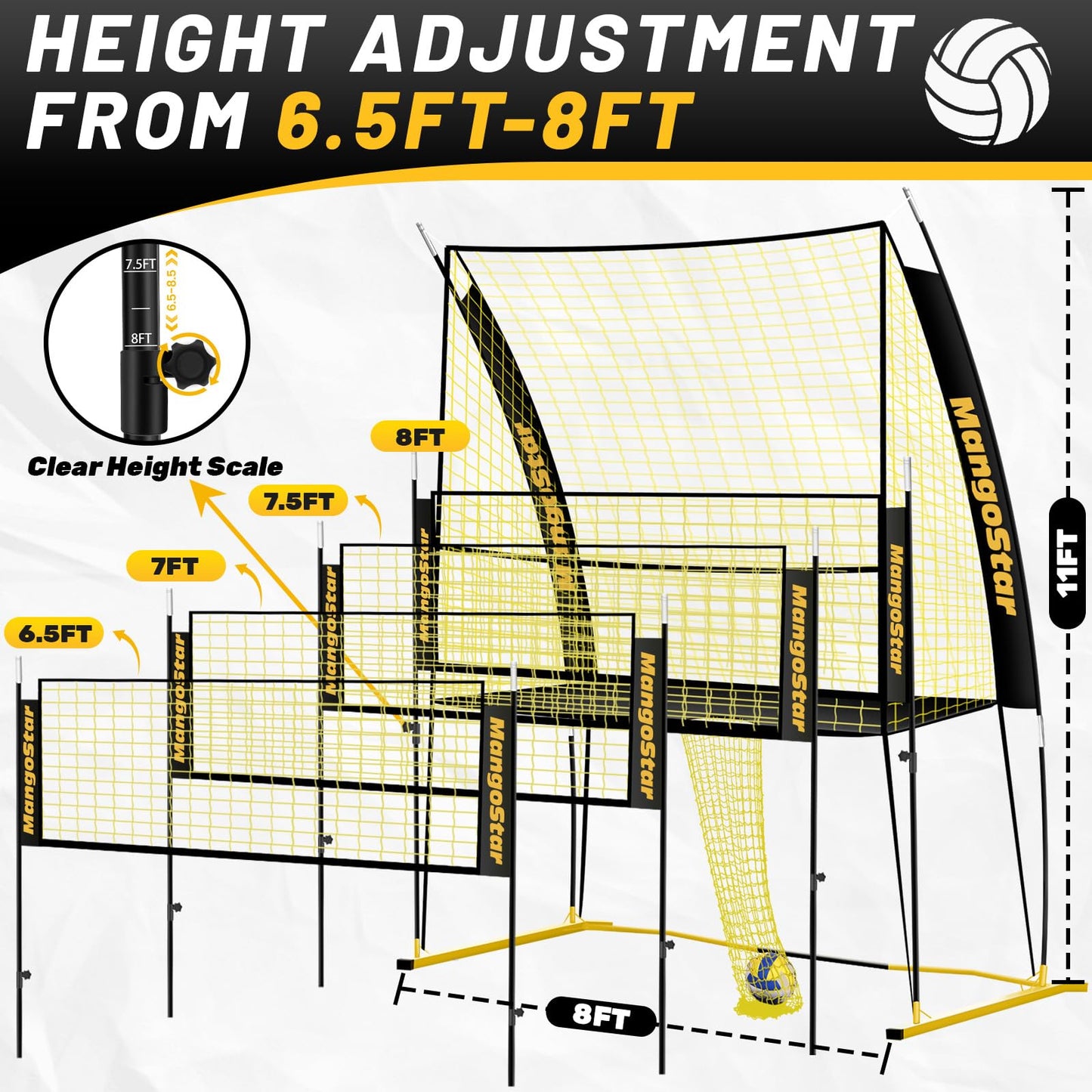 MangoStar Volleyball Training Equipment, Volleyball Net System with Freely Height-Adjustable for Backyard, Volleyball Practice Net for Serving Setting Spiking, Easy Set Up for Indoor and Outdoor Use