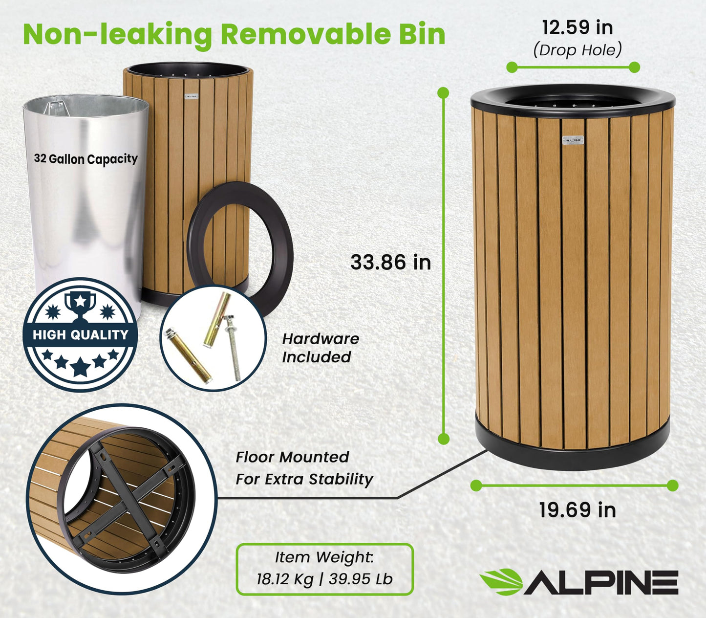 Alpine 32 Gallon Commercial Outdoor Trash Can – Open Top All-Weather Garbage Can with Leak-Proof Stainless Steel Liner, Floor-Mount Ready for Parks, Schools & Public Spaces (Flat Lid - Cedar)