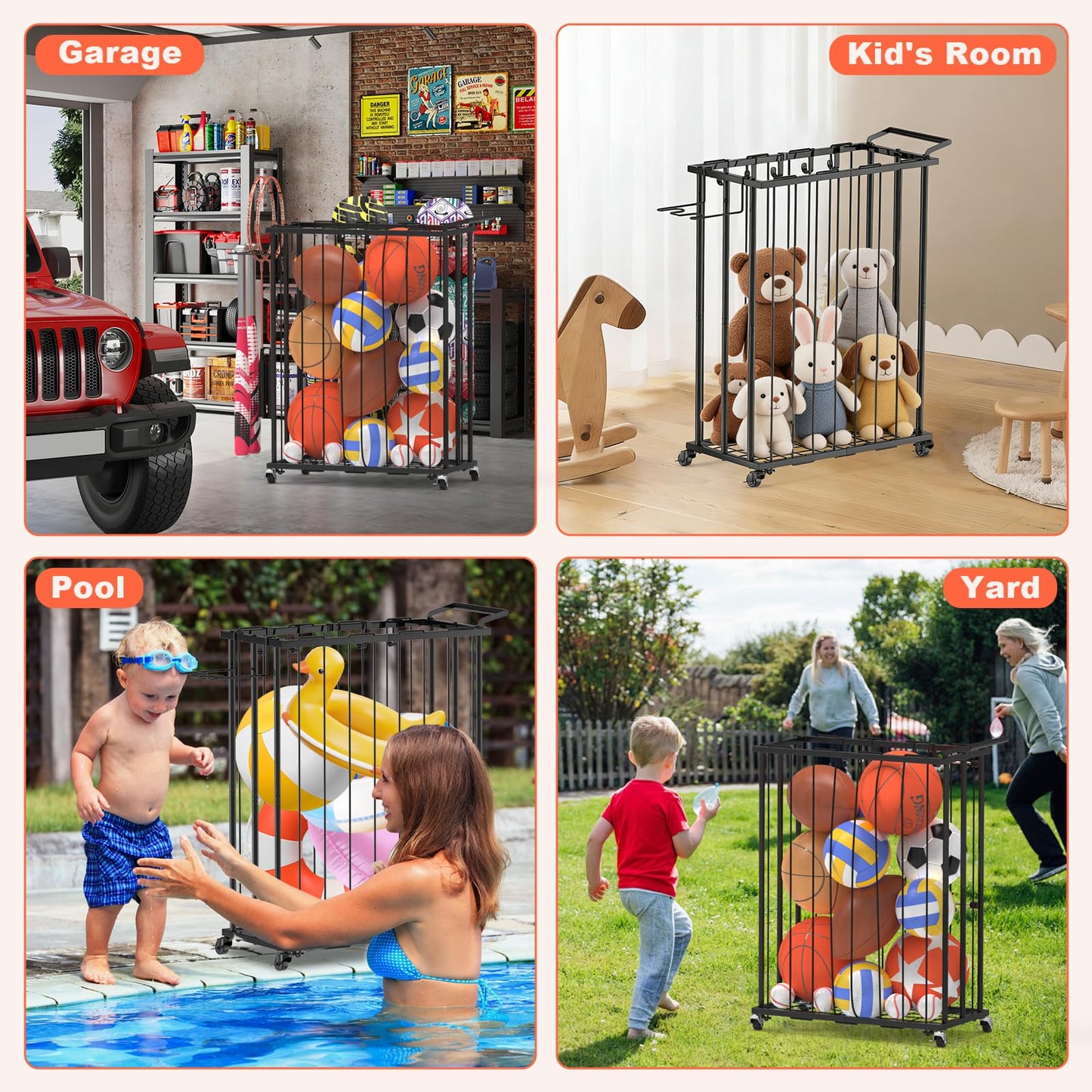 Multi-Functional Sports Storage Rack with Elastic Rope, Movable Racket Holders & Hooks - Heavy-Duty Organizer for Balls, Tennis/Badminton Rackets, Skateboard - Ideal for Garage, Home Gym & Playroom