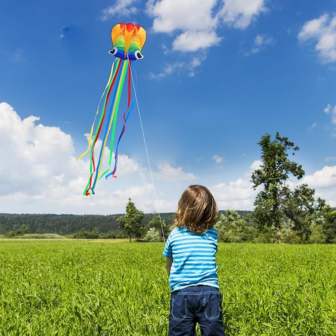 Xida Octopus Kite for Kids Ages 4-8, Professional Kites for Beginners and Adults, Easy to Fly Beach Kites for Boys and Girls, Long Colorful Tail with 200ft Line, Large Kite for Outdoor Family Games
