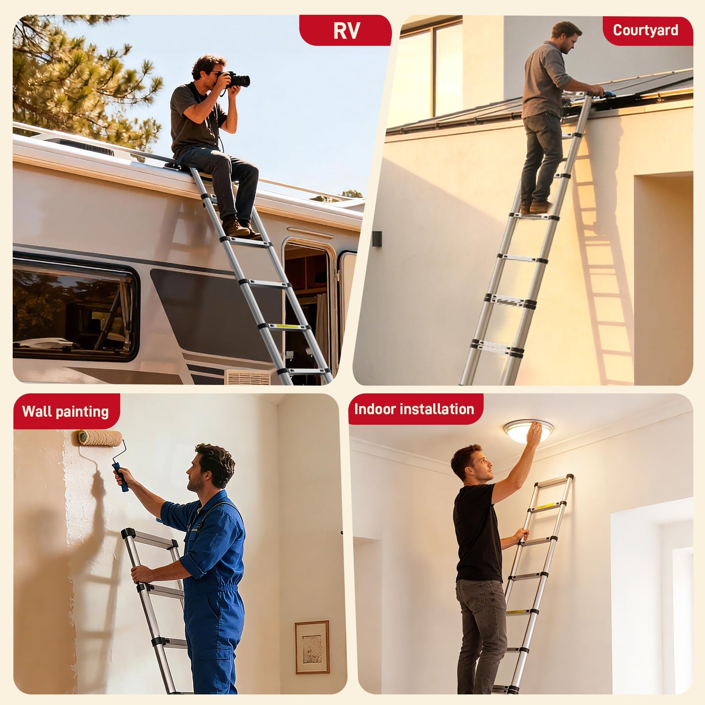 SEEKNEW Telescoping Ladder 20.3 FT, Aluminum Extension Ladder, 330 lbs Capacity with Triangular Stabilizers, Portable Collapsible Ladder for Roof, Home and RV; Silver