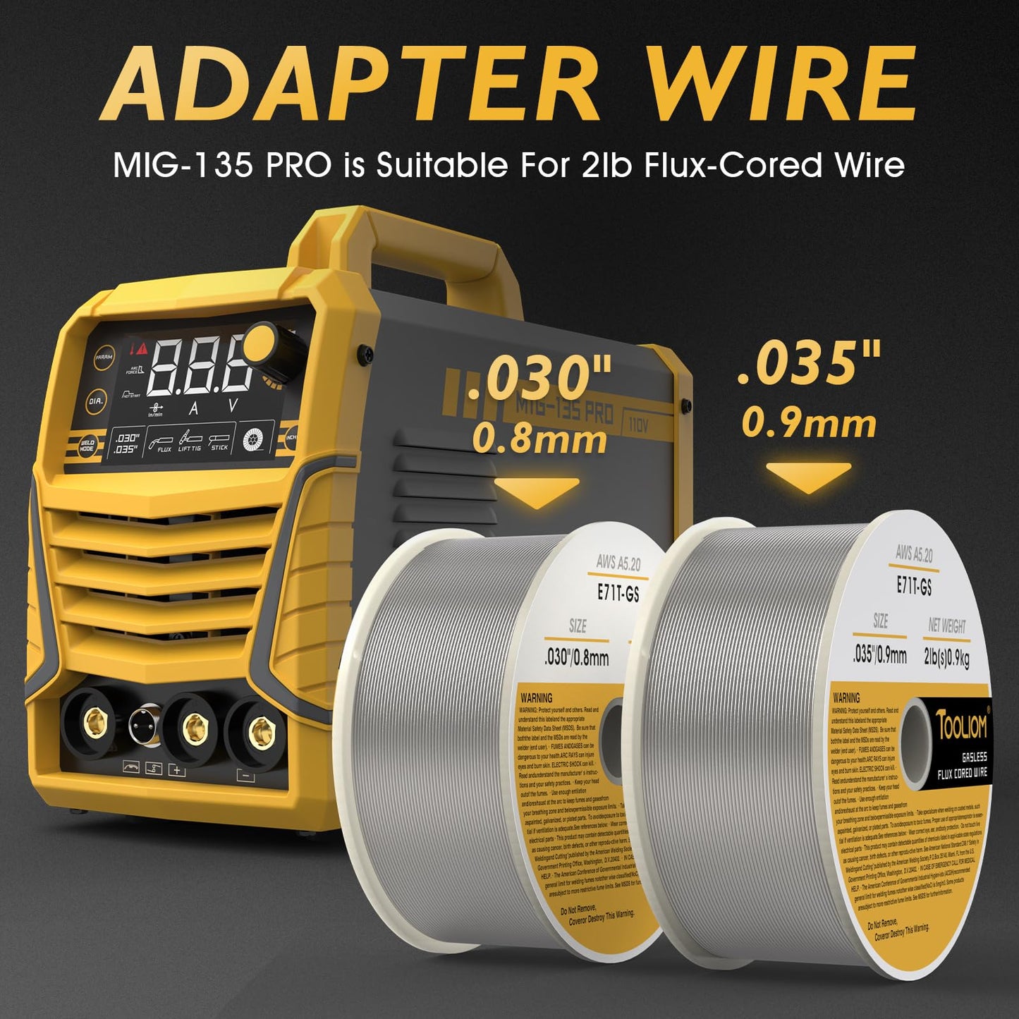 TOOLIOM 135A Gasless Flux Core MIG Welder 110V MIG Welder Flux MIG/Lift TIG/Stick 3 in 1 Welding Machine IGBT DC Inverter with LCD Display