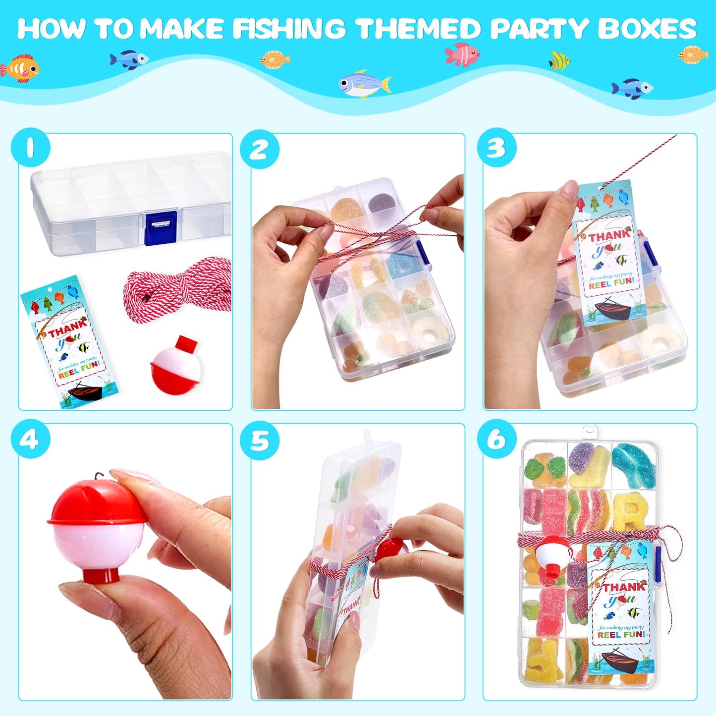 Cherizia 73Pcs Fishing Party Favors Candy Little Tackle Boxes 24 Sets with Red White Floater Thank You Cards for Making My Reel Fun Fishing Gone Theme Party Decorations (24)