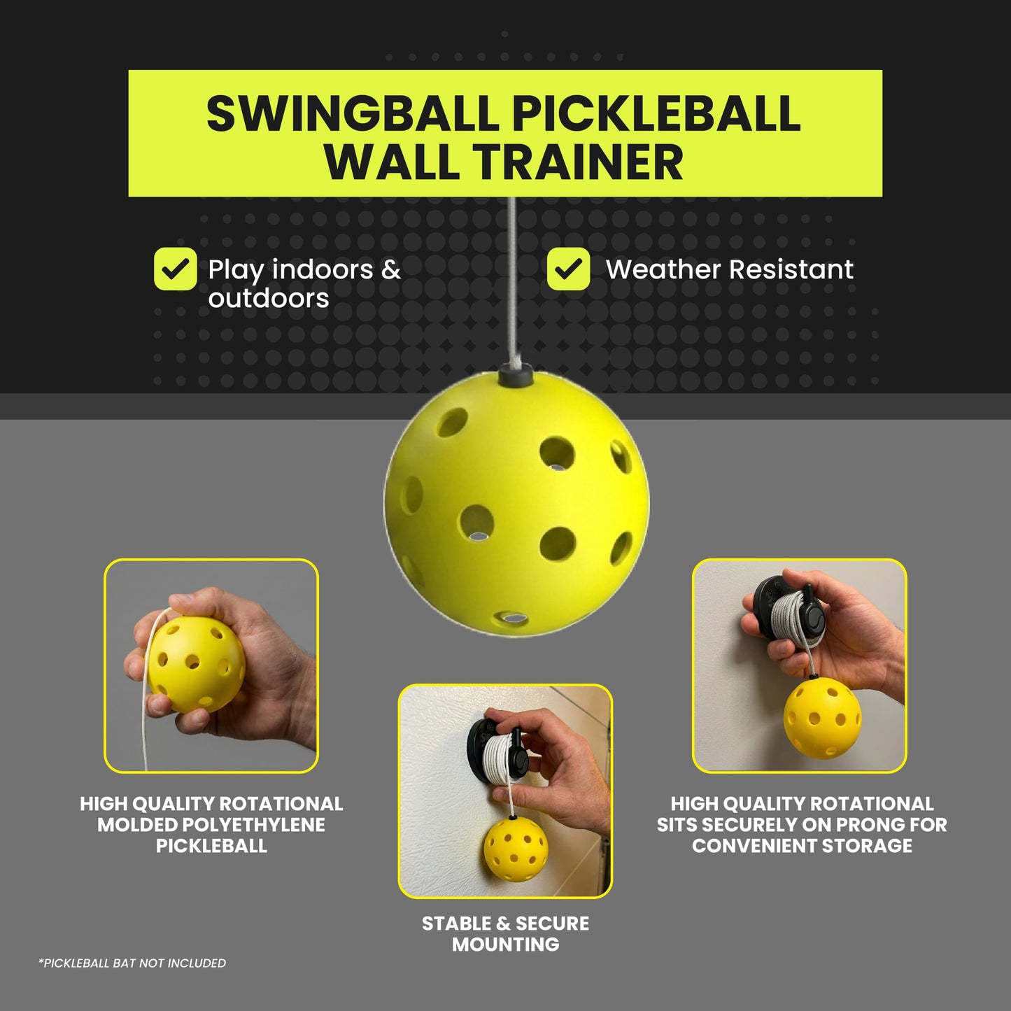 Swingball Solo Pickleball Trainer Set – Wall Mount Rebounder with Real Ball Tether – Indoor/Outdoor Practice Partner for All Skill Levels – Perfect Solo Training Aid - No Paddle Included, Ages 6+