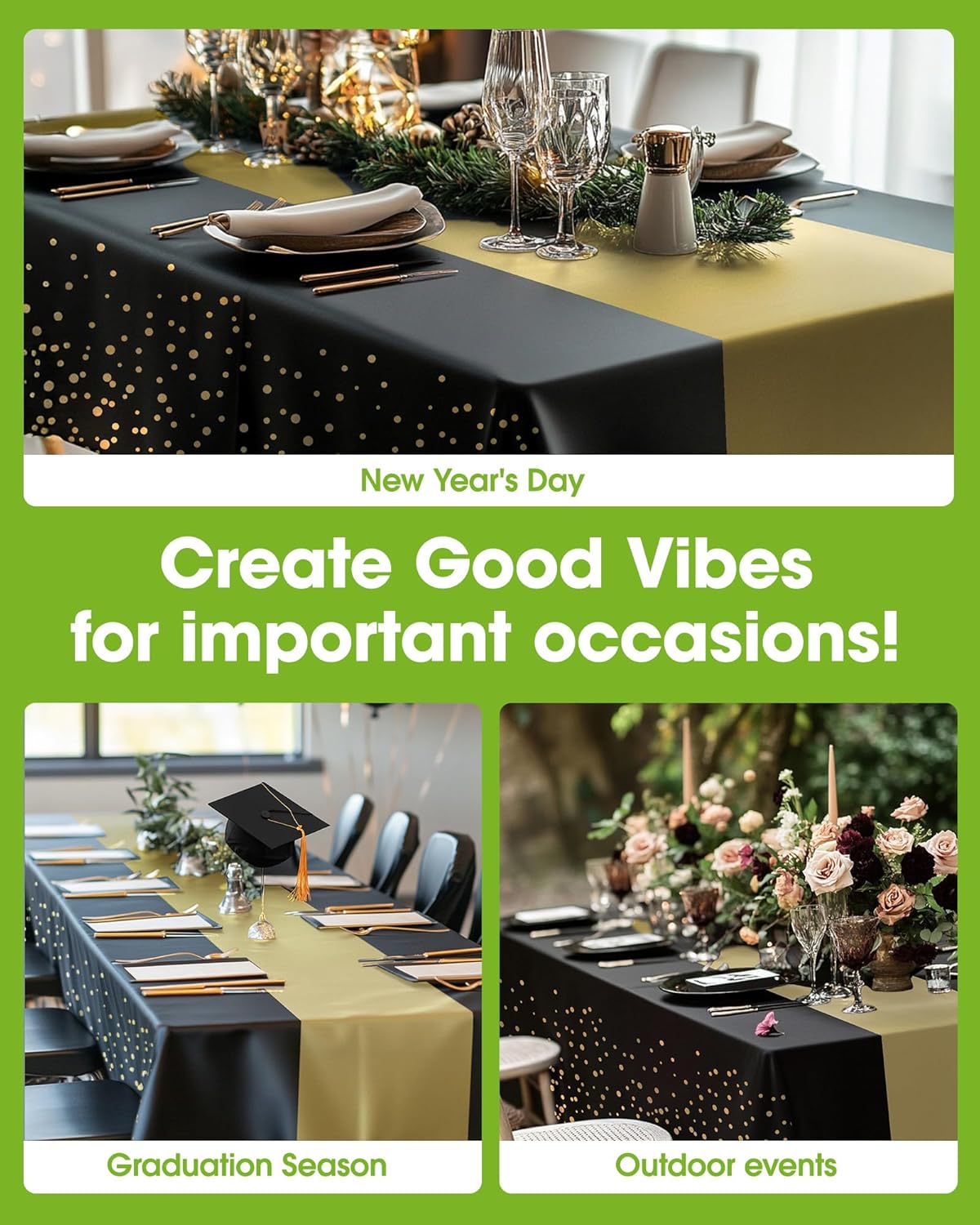 Pureegg Disposable Plastic Tablecloths - 8 Pack, 54 x 108 Inch, Leakproof & Sturdy, Black Gold for Graduation Parties