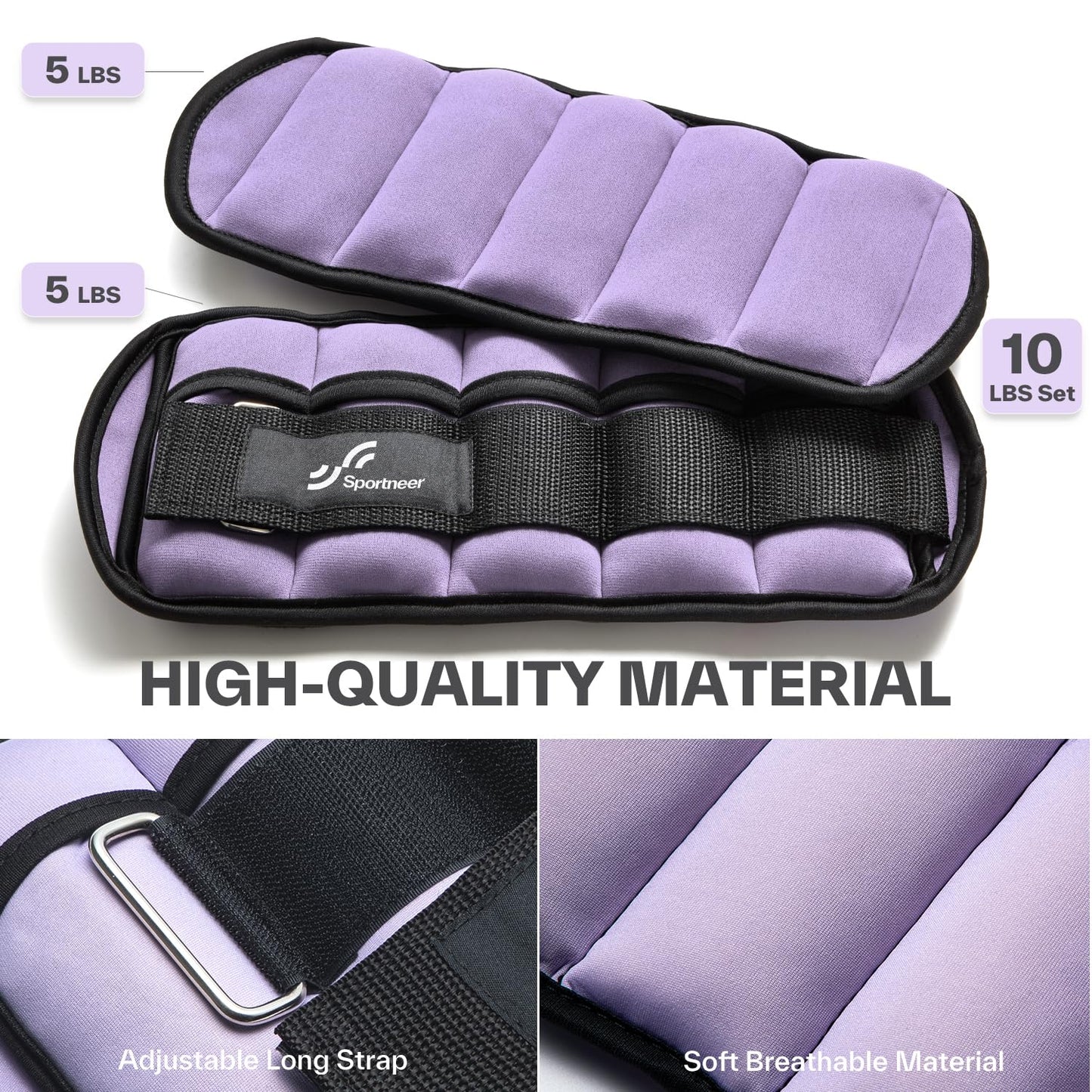 Sportneer Adjustable Ankle Weights Set - 1 Pair (2-10 lbs) Removable Sandbags for Women & Men, Comfortable Neoprene Leg Weights for Walking, Running, Pilates, Yoga, Home Workout & Physical Therapy