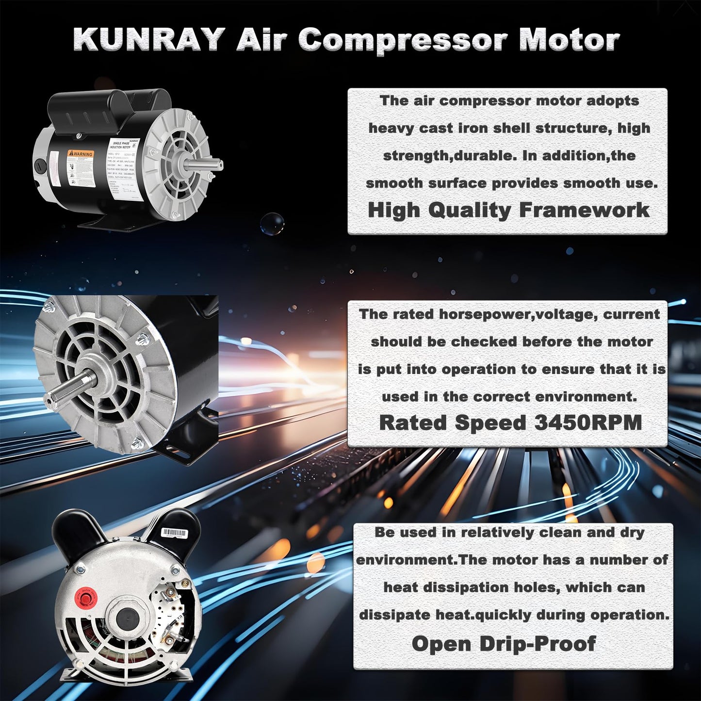 Kunray 3.7HP Air Compressor Motor, 3450RPM Electric Motor, 230V 17.2 Amps Single Phase Motor, 5/8" Keyed Shaft 56 Frame, 1.88" Shaft Length, CCW/CW Rotation