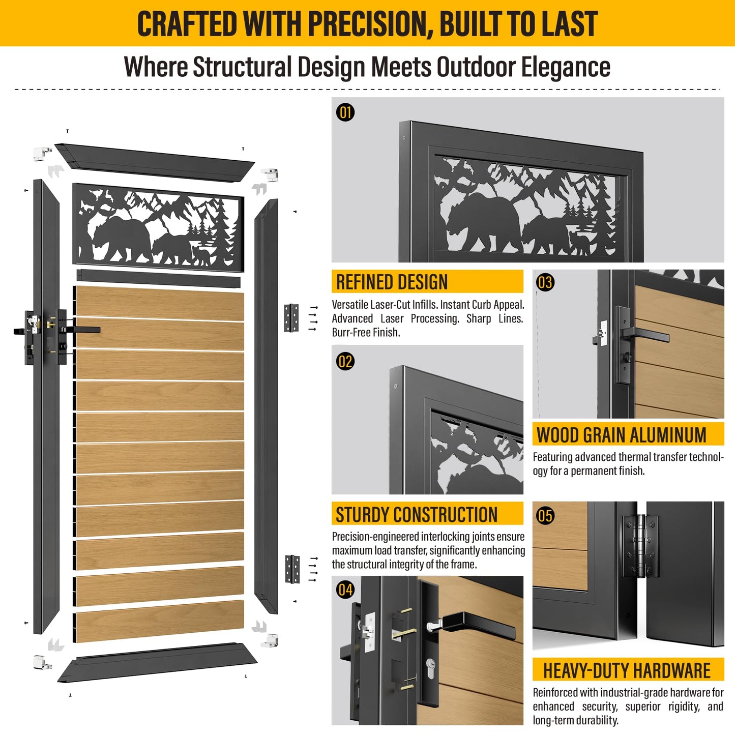 Brukid 3x5 FT Aluminum Fence Gate Kit Wood Grain Aluminum Gate with Decorative Cutout, Lock & Hinges, Left/Right Opening, Weather Resistant for Yard Garden Patio
