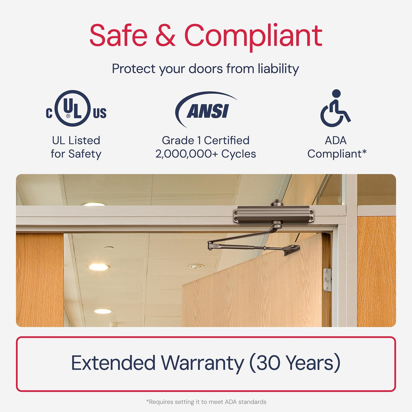 Lawrence Medium/Heavy Duty Door Closer Commercial Grade 1 - Surface-Mounted Commercial Automatic Door Closer with Adjustable 6-Speed Control and 3 Valves - Embassy Series LH5016