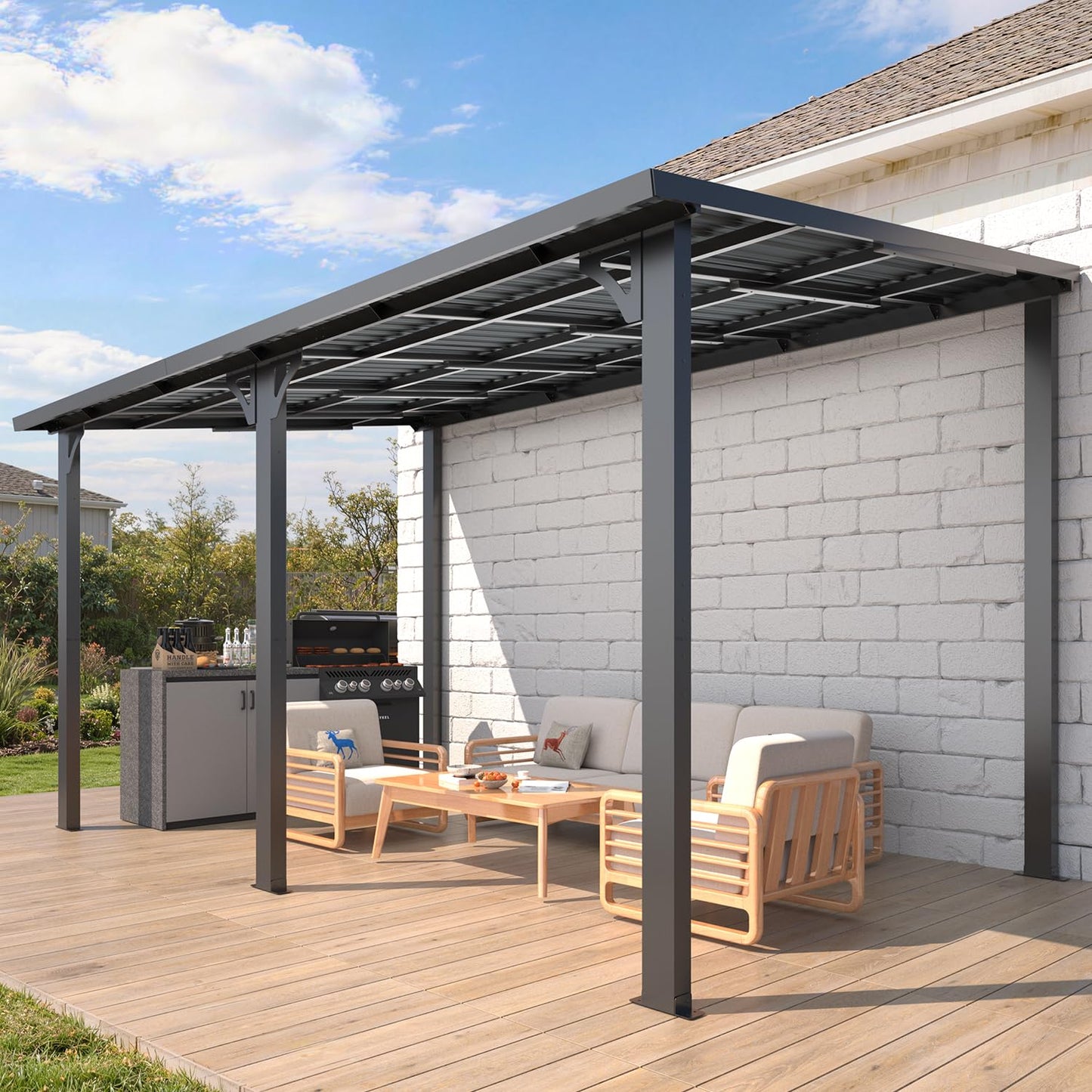 AECOJOY 14' x 8' Outdoor Hardtop Metal Gazebo for Patio, Large Lean to 8x14 Galvanized Steel Wall Mounted Pergolas and Grill Gazebos Clearance, Patio Roof Heavy Duty Awnings for Backyard, Decks