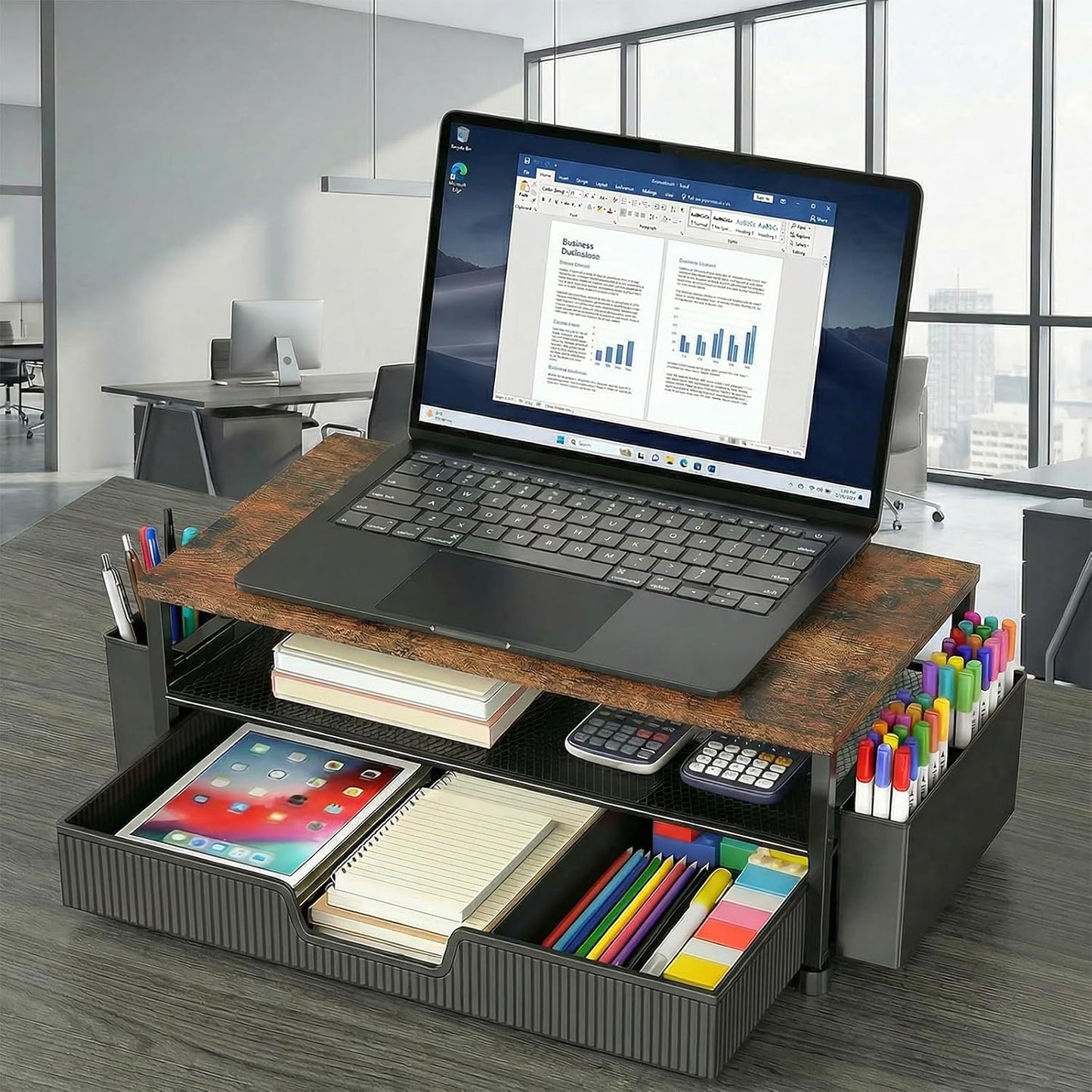 2-Tier 2 ECOLOVI Desk Organizer and Accessories, Computer Monitor Stand Rise with Storage Drawer & Pen Holders, Laptop