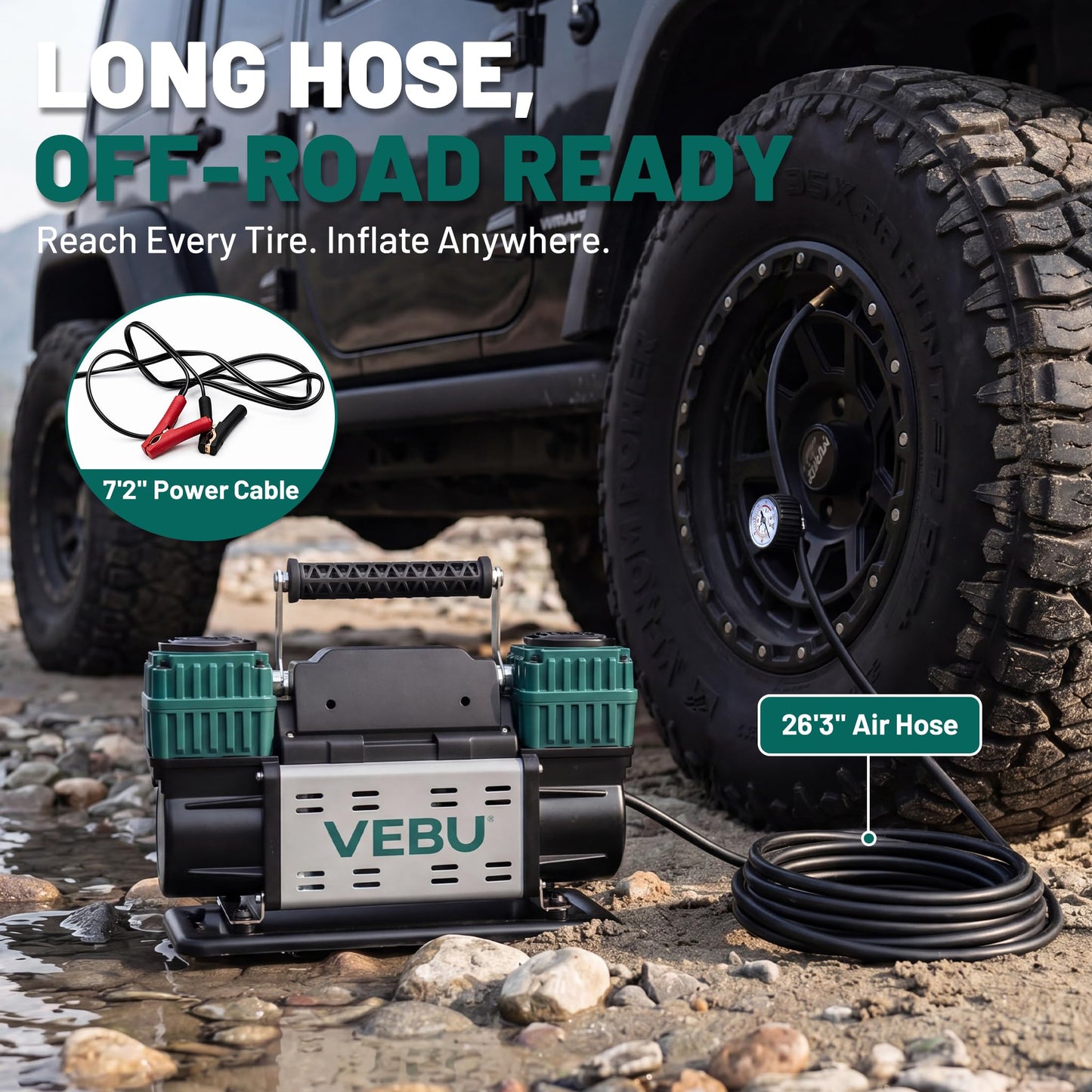 VEBU Heavy Duty Air Compressor 12V Tire Inflator, Dual Cylinder 125PSI with In-line Pressure Gauge, 10.6CFM Fast Inflation for Off-road Vehicles, Trucks, SUVs, RVs, ATVs, DC Power, Corded Electric