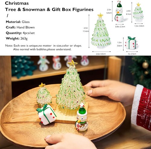 HDCRYSTALGIFTS Mini Blown Glass Christmas Figurines - Set of 4 Festive Ornaments for Holiday Decor