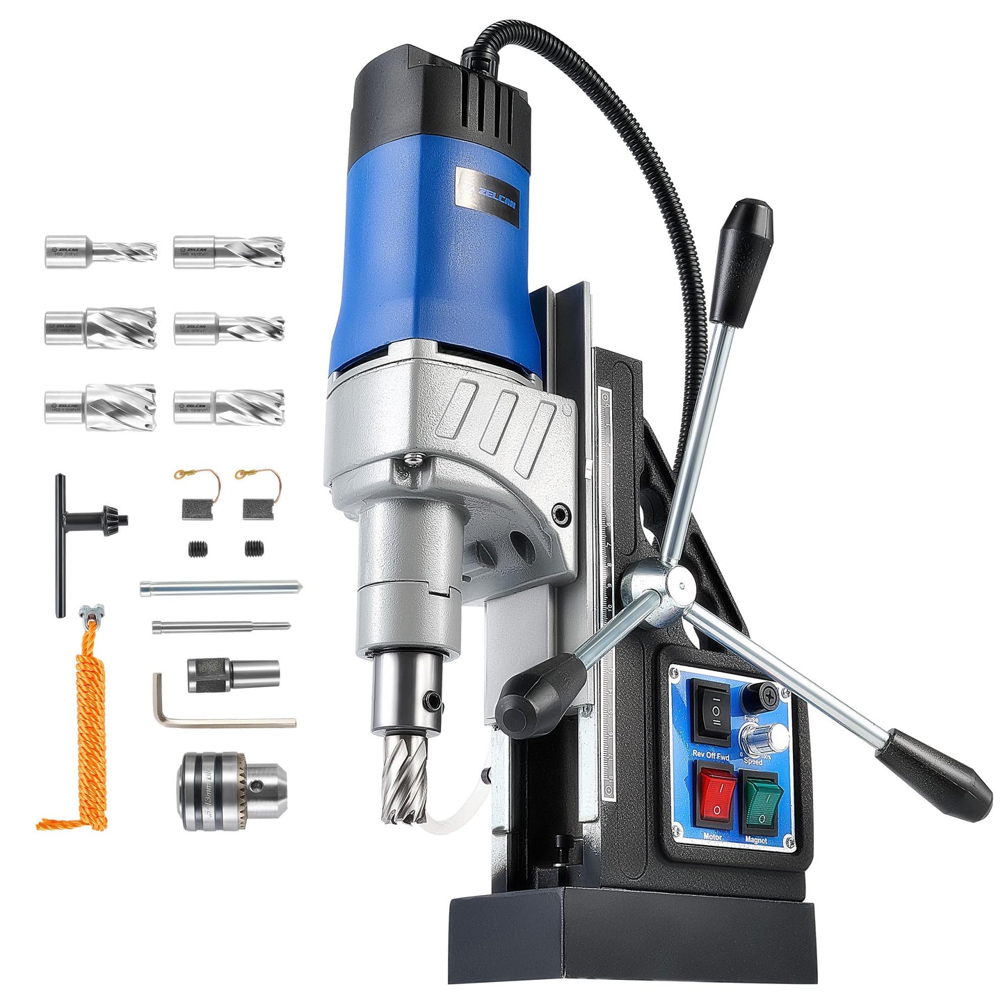 ZELCAN Mag Drill Press with 6 Drill Bits, 1550W Portable Magnetic Press with 2" Boring Diameter, 0-580 rpm Stepless Speed & Reversible Direction, 2922 lbf Power Magnetic