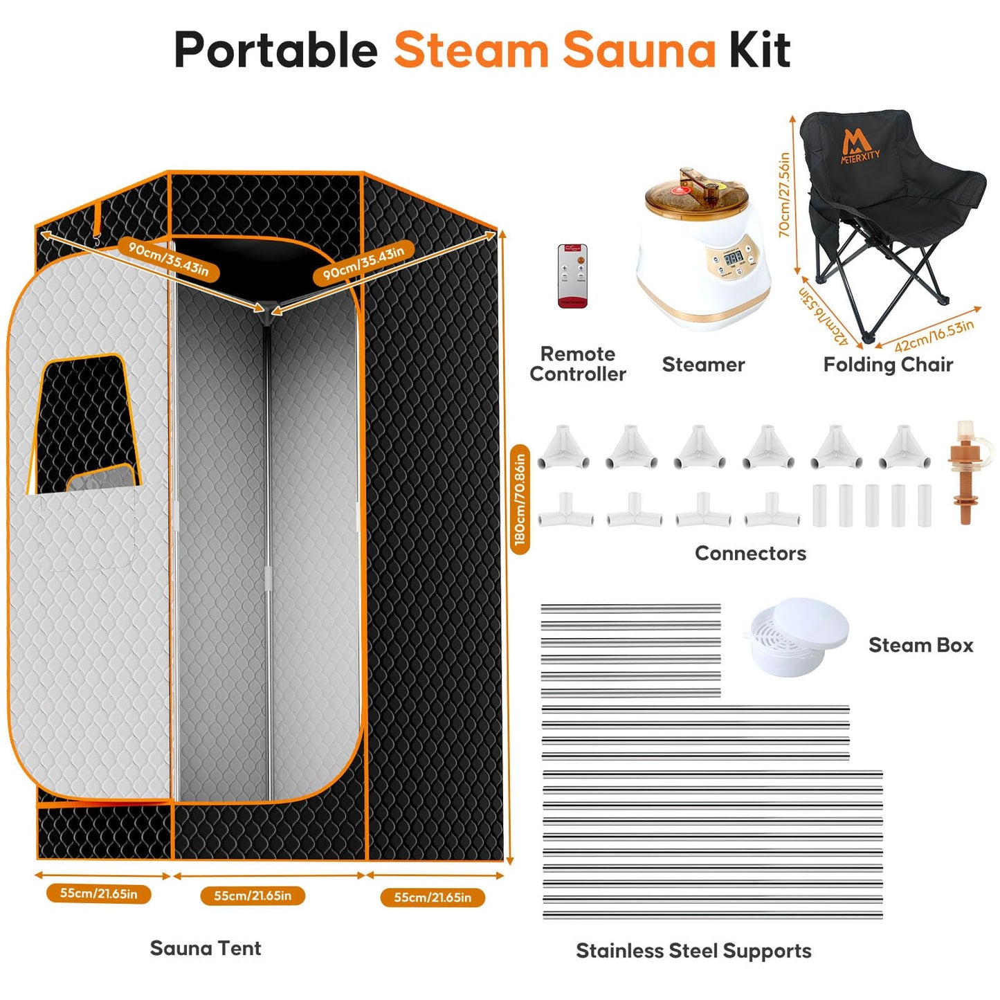 M METERXITY Portable Sauna for Home, Thickened 600D Steam Sauna Tent, Home Sauna Box with 3L 1500w Steamer, 9 Levels Heat, Folding Chair, Remote Control