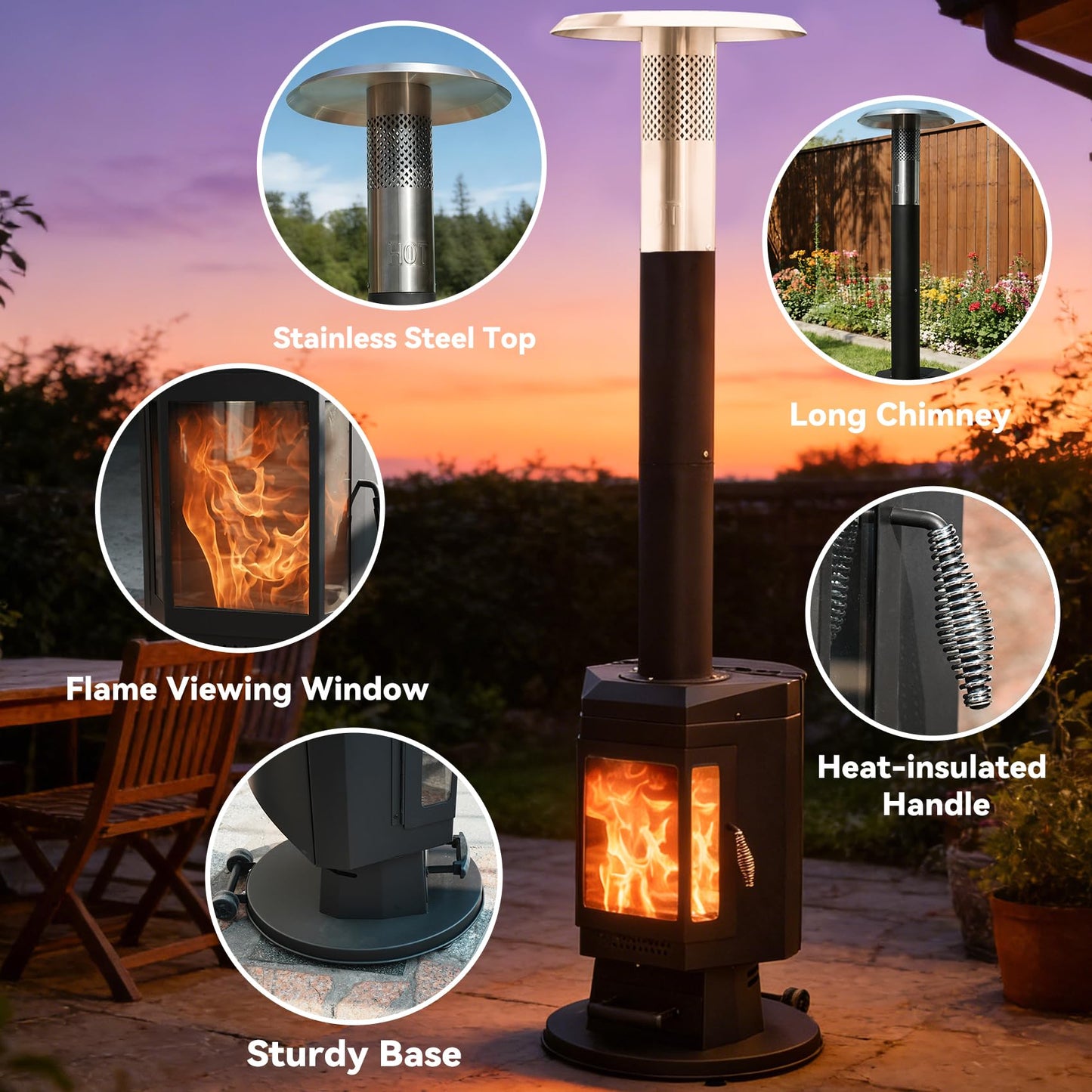 ONLYFIRE OUTDOOR LIVING 80" Premium Wood Pellet Patio Heater with Glass Window, Portable Pellet Heater with Wheel, Modern Fire Pit for Patio Backyard Garden Villa Outdoor Restaurant, 70,000BTU, FP058