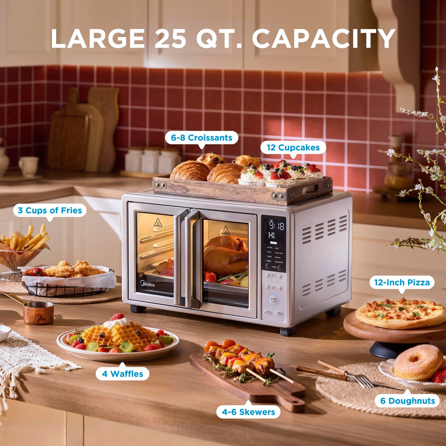 Midea Flexify Slim 8-in-1 French Door Toaster Oven Air Fryer Combo, Compact Countertop Oven with Infrared SpeedHeat, 25 Quart Capacity, Stainless Steel
