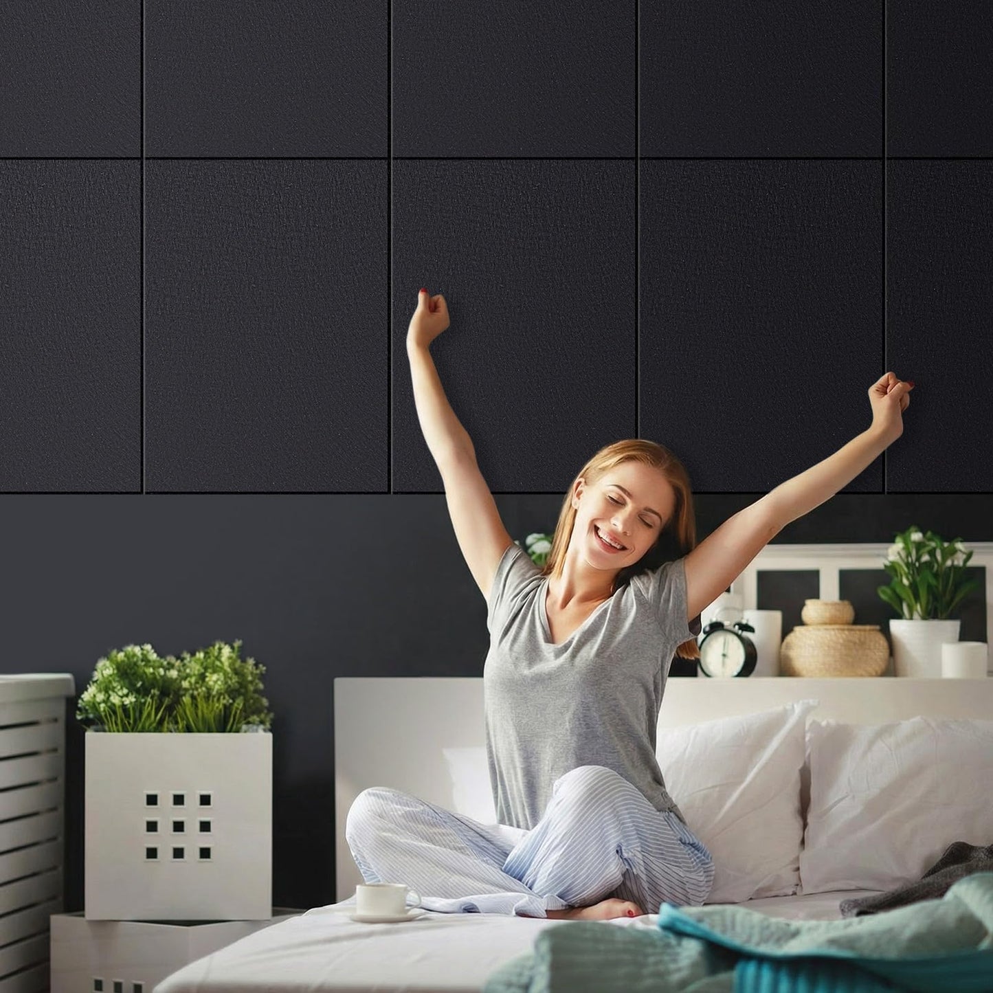 Pushglossy 12 Pcs Acoustic Wall Panels 31.5" x 23.6" Polyester Sound Absorbing Panels with Adhesive Backing, Sound Dampening Panel for Home Studio Office Gaming Room Home Theater(Black)