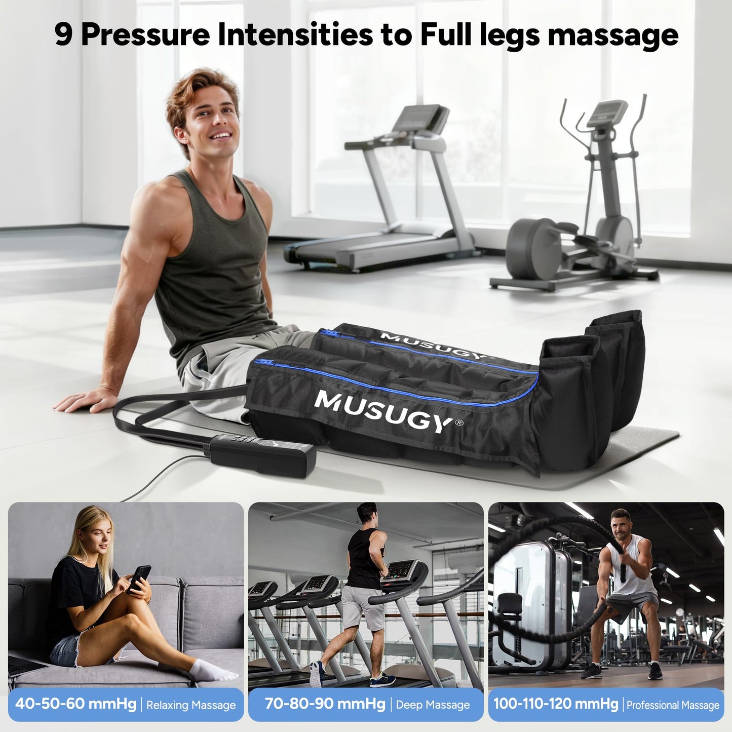 Musugy Sequential Leg Compression Massager for Circulation : Full Leg Air Compression Boots for Massage Therapy & Fatigue Relief - 9 Intensity, 6 Modes, 3 Timers for Athletes, Runners, Gym (Large)