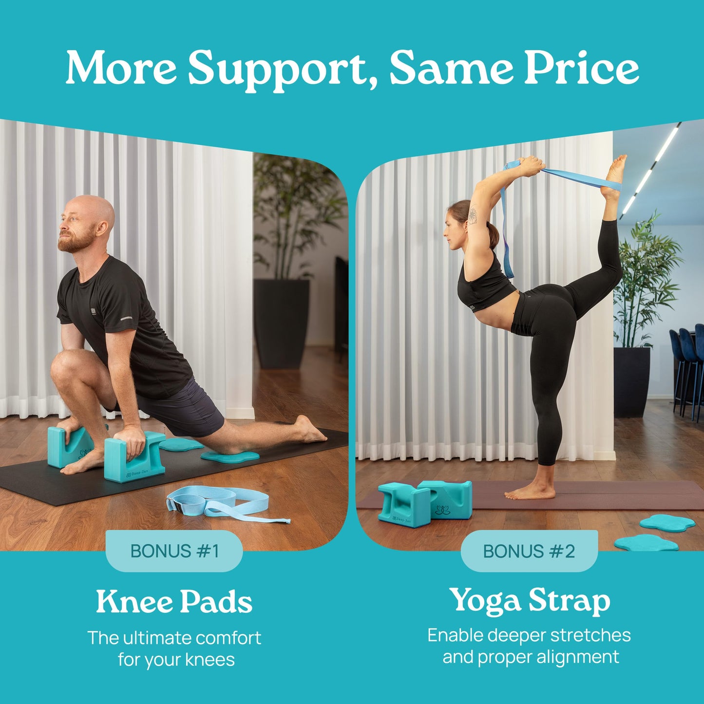 Deep-Zen PRO Yoga Blocks | Ergonomic Yoga Block 2 Pack for Wrist Comfort and Support | EVA Foam Exercise Blocks, 2x Knee Pads & Yoga Strap | Pilates Block Set | Bricks to Eliminate Wrist Pain (Blue)
