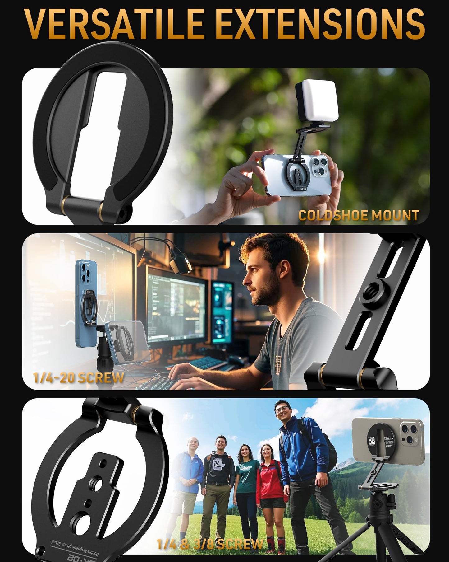 MOSENVKA Dual Magnetic Phone Stand Holder Double Magnetic Phone Holder Ultrathin Foldable 1/4" Screw Tripod Mount for iPhone 16 15 14 13 12 Pro Max Plus Gym Magnet Phone Stand (Black)
