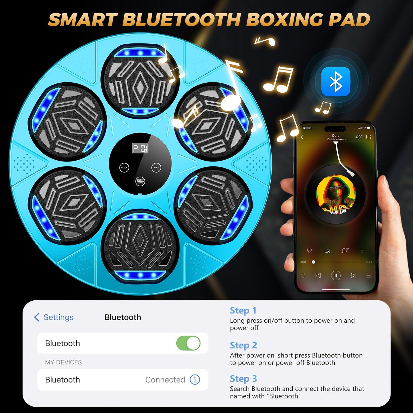 Music Boxing Machine, Wall Mount Punching pad for Kids Adult, Bluetooth Smart Boxing Traineing Machine with Black Gloves, Sport Workout Equipment Target for Home, Office, Gym（Blue