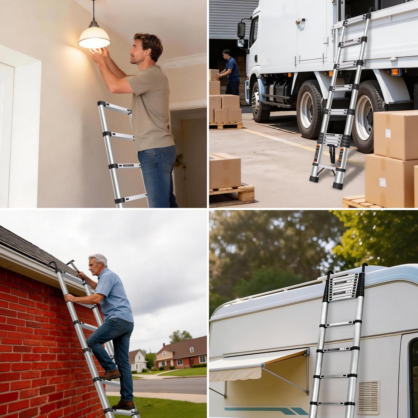 Telescoping Ladder 14.5 FT Stainless Steel Extension Ladder with 2 Detachable Hooks, Portable Multi-Purpose Collapsible Telescope Ladder for Home,RV,Outdoor Work,330lbs Max Capacity
