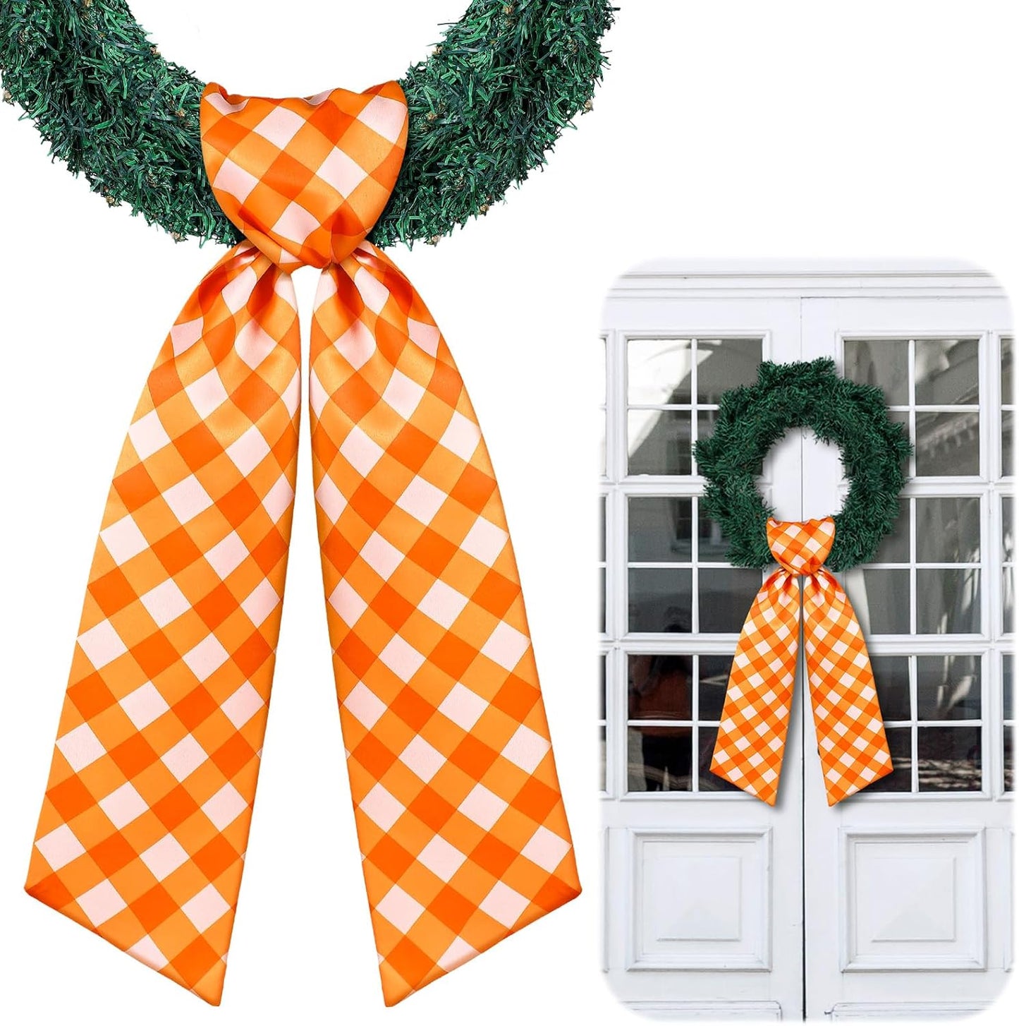 VitalCozy Fall Check Wreath Sash - Satin Embroidery Monogram Ribbon for Indoor/Outdoor Decor