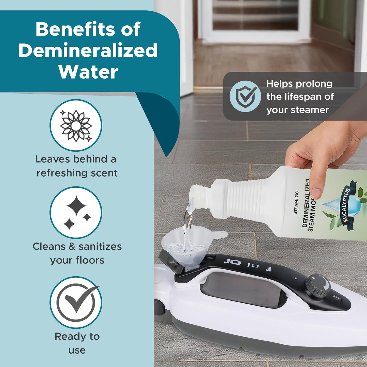 Steam & Go Demineralized Water | Eucalyptus Mint Steam Cleaner Solution, 32 oz - PVC-Free & Ready-to-Use
