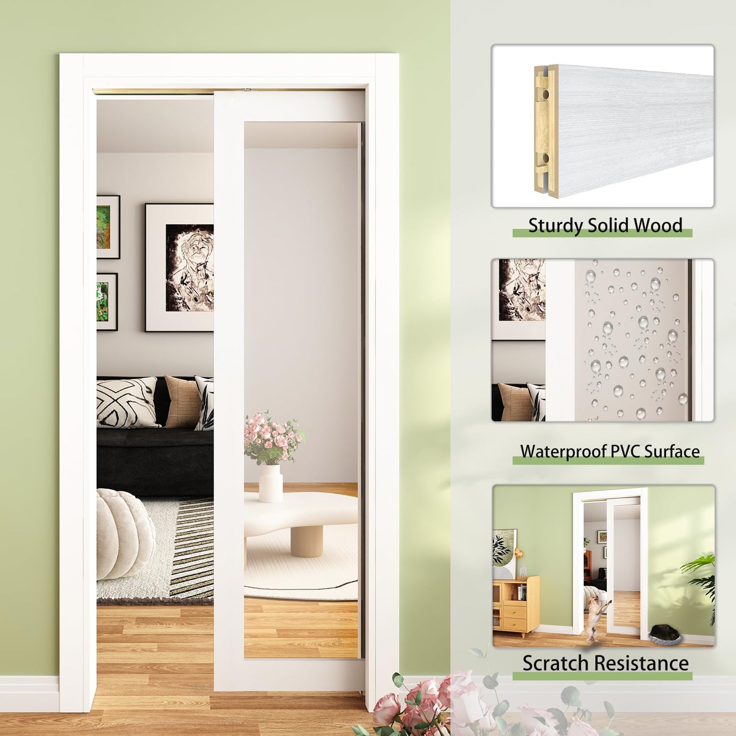 JUBEST Pocket Door 30"x80", 1-Panel Mirrored Sliding Pocket Door with Soft Close Hardware Kit, Sturdy Solid Wood & MDF with Water-Proof PVC Surface, No Assembly Required, White
