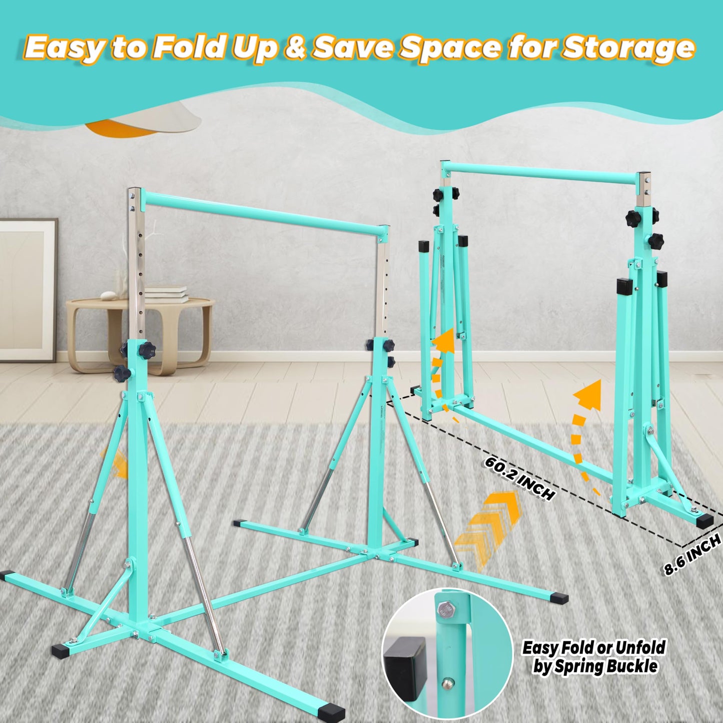 FC FUNCHEER Foldable Gymnastics Bar,5FT Horizontal bar,Adjustable Kids Training bar for Kids Ages 3-15,Kids Gymnastics bar,Triangle Stable Structure-Gym Equipment for Home