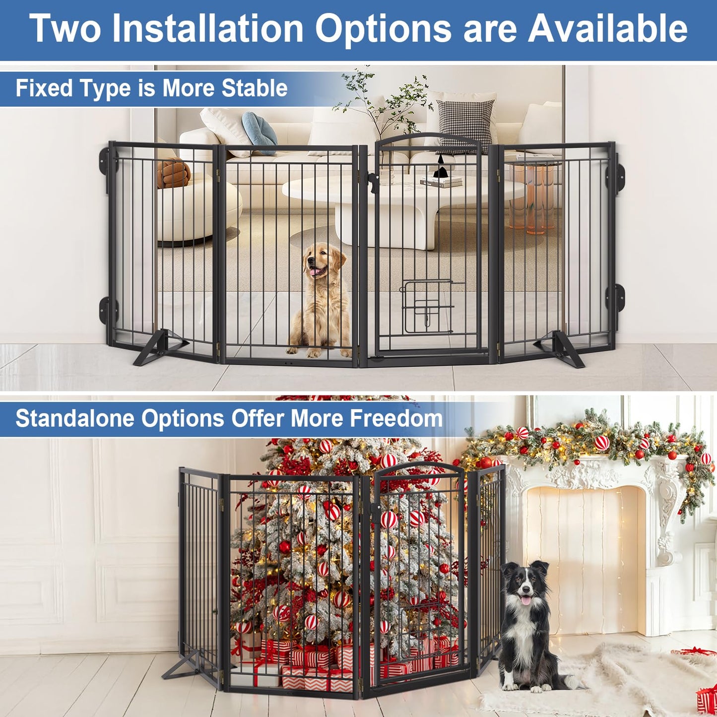 Full Metal Freestanding Dog Gate with Cat Door for Indoor & Outdoor,32" Tall Foldable Dog Fence,80" Extra Wide Freestanding Pet Gate for Large Openings,Stairs,Deck,Yard,Doorways(4 Panels,Black)