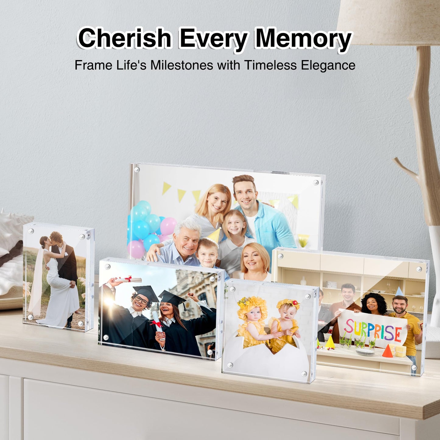 HOUSE DAY Acrylic Picture Frames 5x7, 6 Pack Magnetic 5x7 Picture Frame, Double Sided Clear 5 x 7 Photo Frame with Microfiber Cloth, Frameless FreeStanding 5x7 Frame Gift for Desktop Display