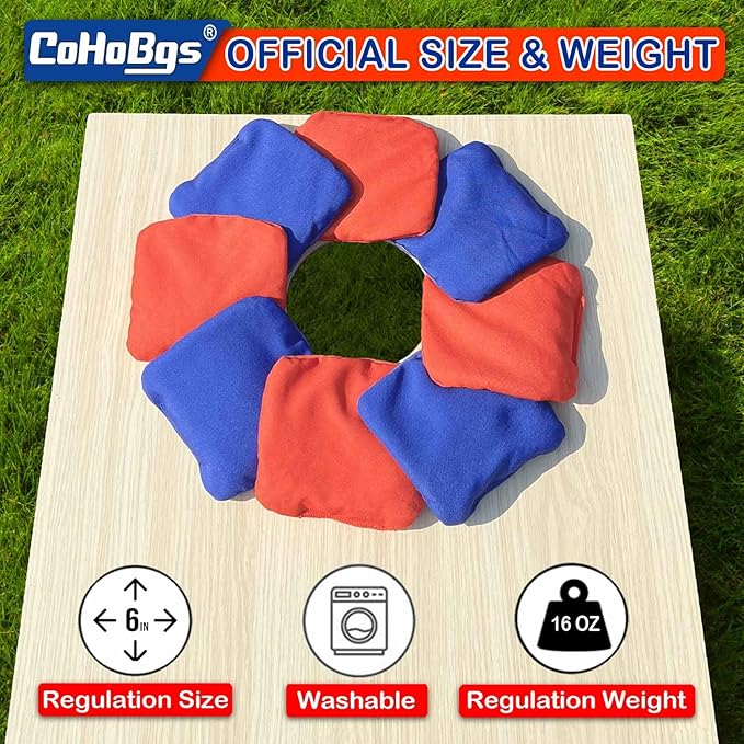 CoHoBgs Corn Hole Bags Set 8, Professional Cornhole Bags Dual-Sided Slick & Stick Resin Filled Suede and Duck Canvas Bean Bag for Cornhole Game Includes Carry Case