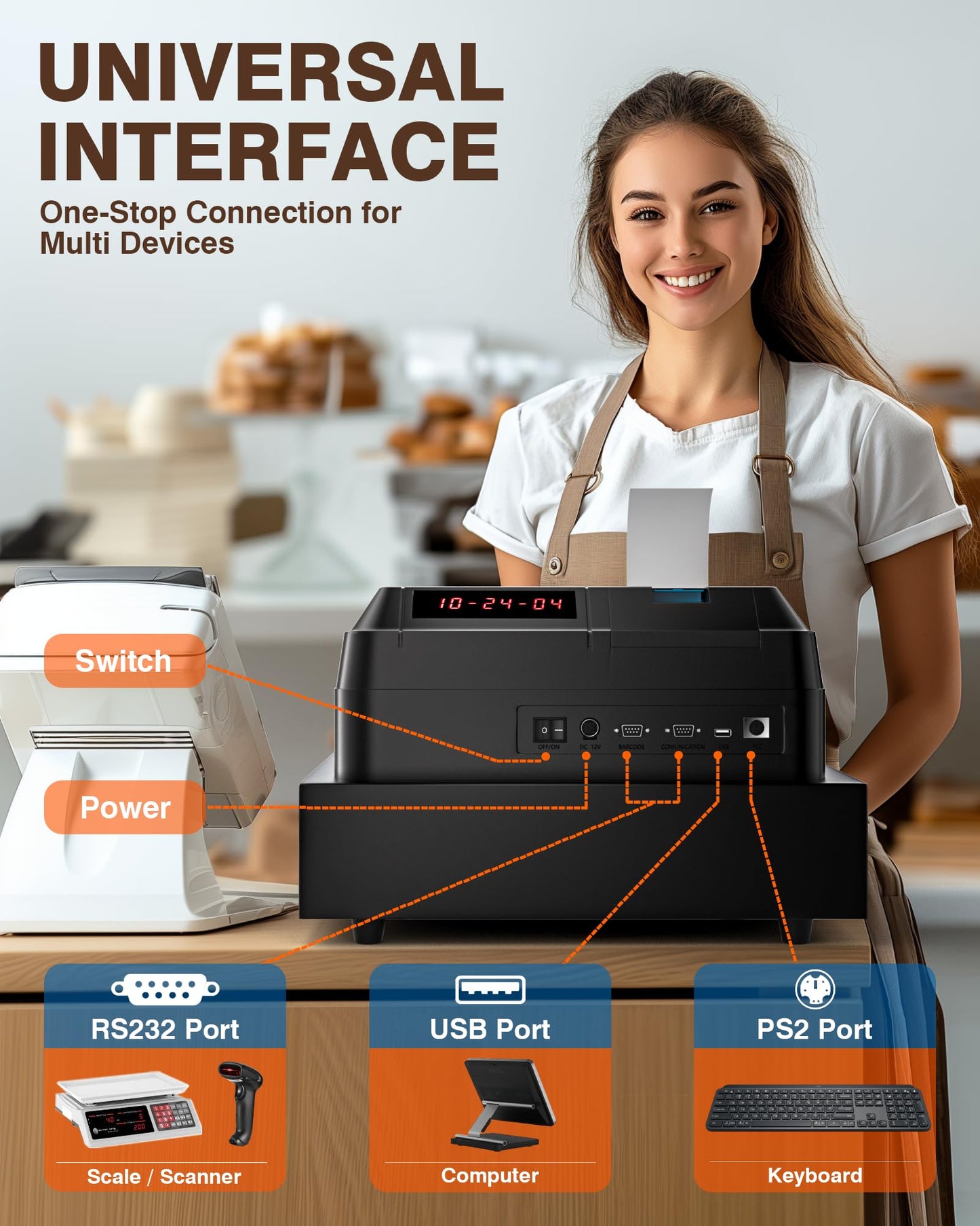 PYY Cash Register for Small Businesses with Scanner - Electronic Commercial Caja Registradora para Negocio with Lock Cash Drawer Box, 48 Keys, 8 Digital Dual Display, Retail Restaurant Supermarket