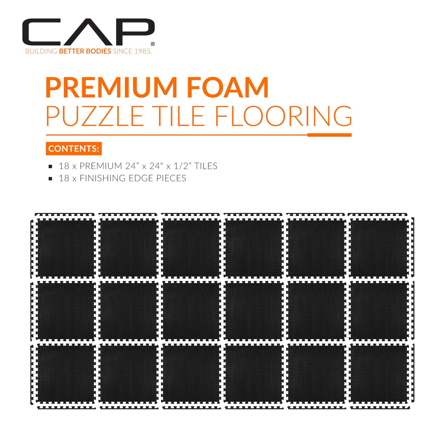 CAP Barbell 1/2-Inch Interlocking EVA Foam Exercise Puzzle Mat Home Gym Flooring - 3 Pack | 24" x 24" x 1/2" | T Pattern - Black