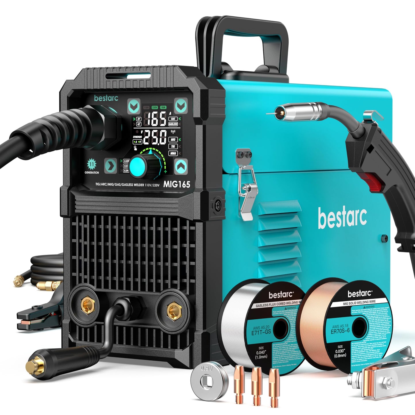 bestarc 165A MIG Welder, 110V 220V 4 in 1 Gas/Flux Core MIG/Lift TIG/Stick Welder Machine, Large LED Display Welding Machine, IGBT Inverter Welder MIG165 Soild Gasless Synergy MIG Welder