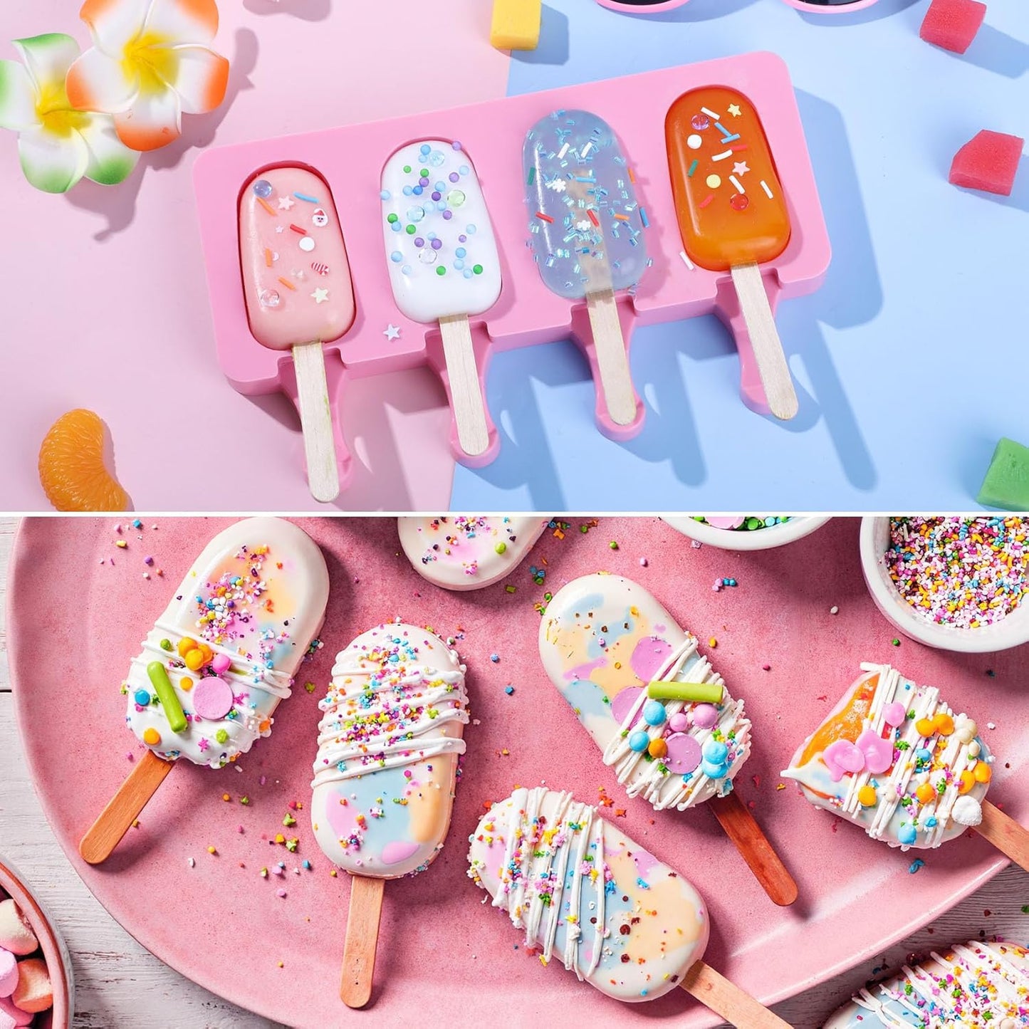 Ouddy Life Popsicle Molds - Set of 2 Silicone Ice Cream Molds with 50 Wooden Sticks | Pink