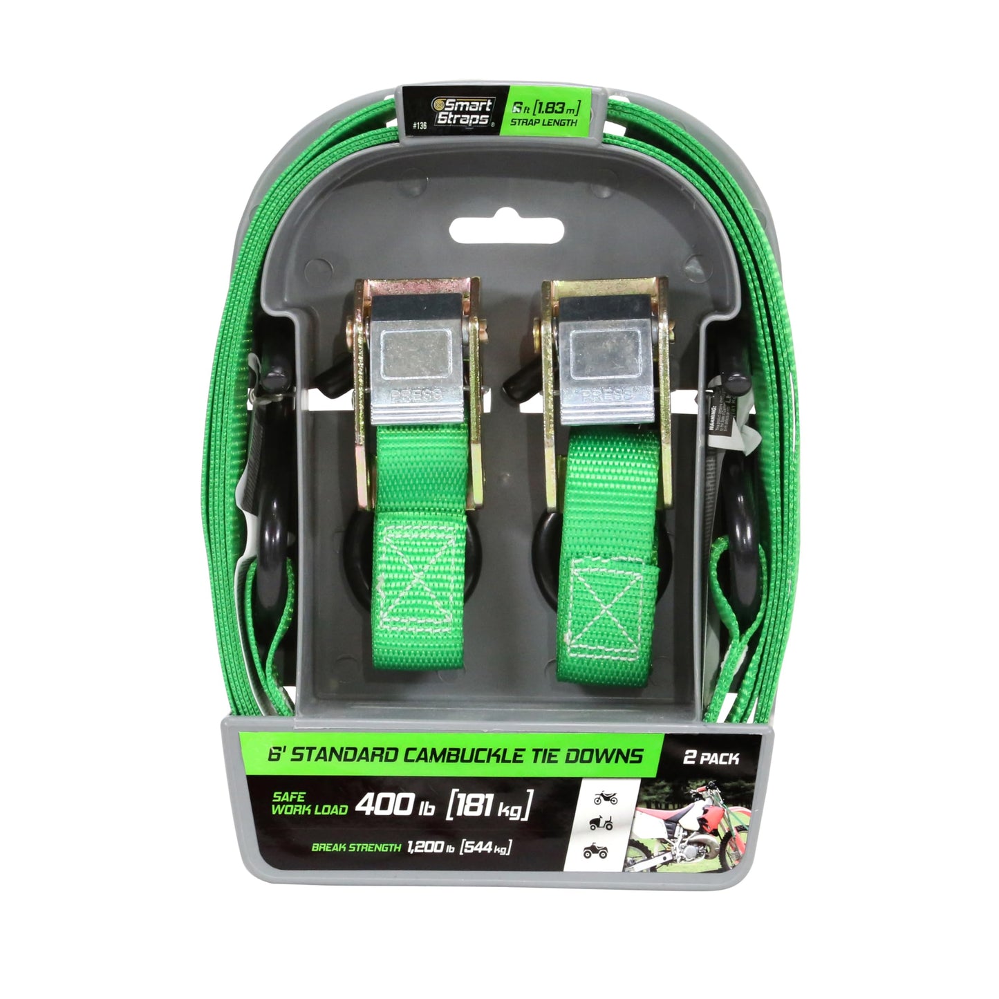 SmartStraps 6’ Cambuckle Tie Down, 2 Pack — Standard Duty Tie-Down Ratchet Straps — 1,200lb Break Strength, 400lb Safe Work Load — Ideal for Tying Down Dirt Bikes, ATVs and Mowers