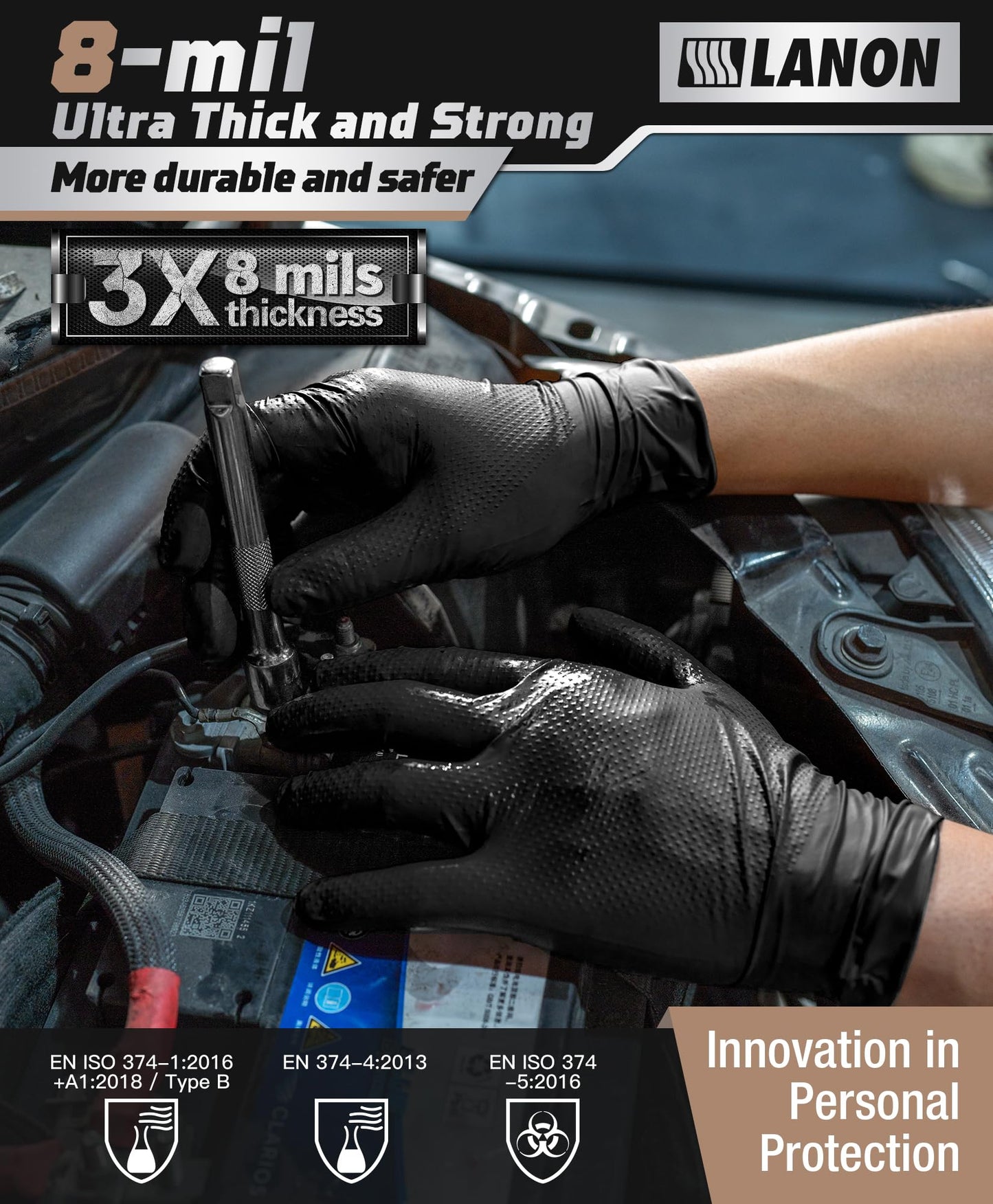 LANON Protection Heavy Duty Black Nitrile Gloves, Food Safe, Latex Free, Powder Free, Mechanic, Fully-Diamond Textured Grip Industrial Disposable Gloves, 8mil, Small