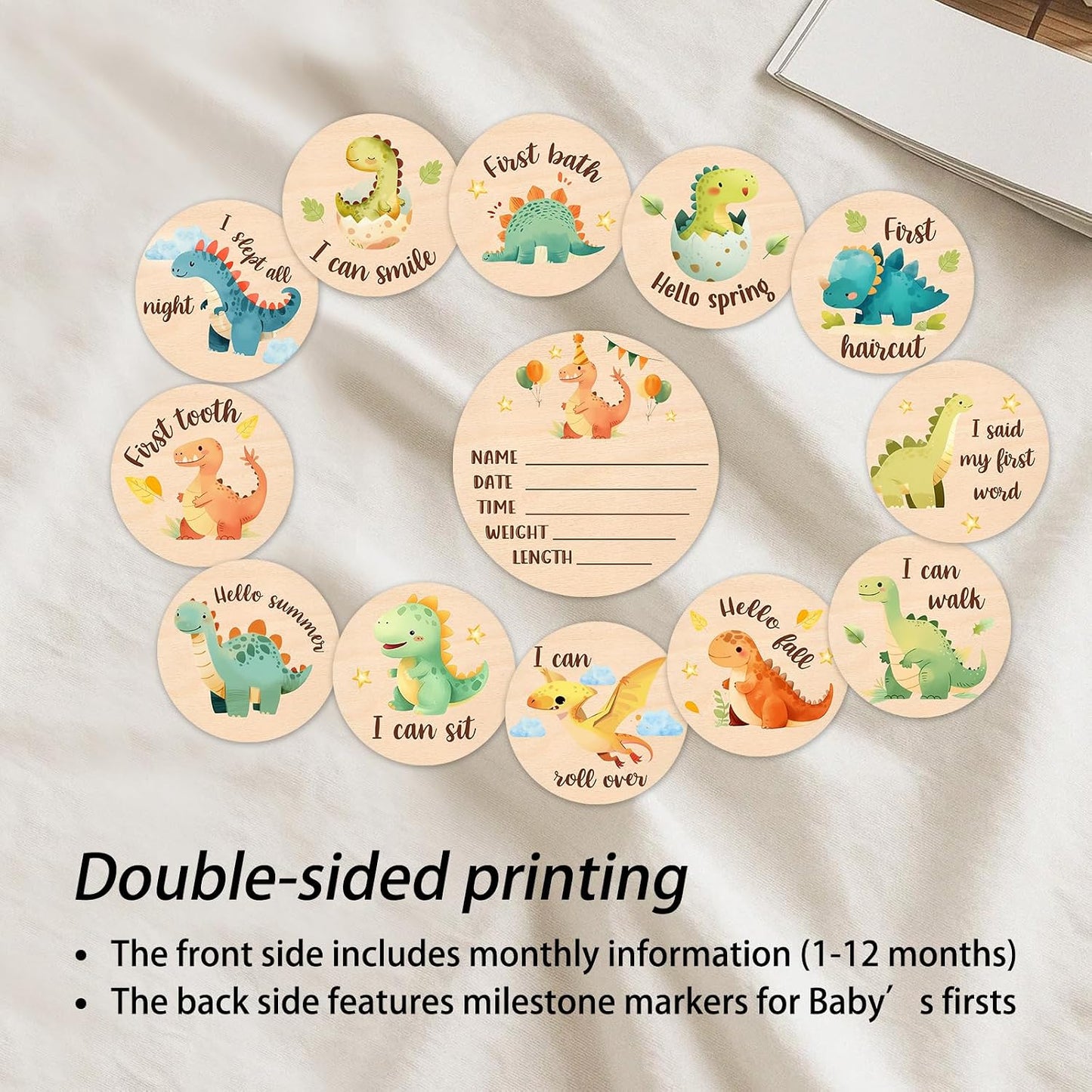 13Pcs Set Baby Monthly Milestone Cards Sign - Double Sided Dinosaur Milestone Cards, Dino Pattern Wooden Circles Discs