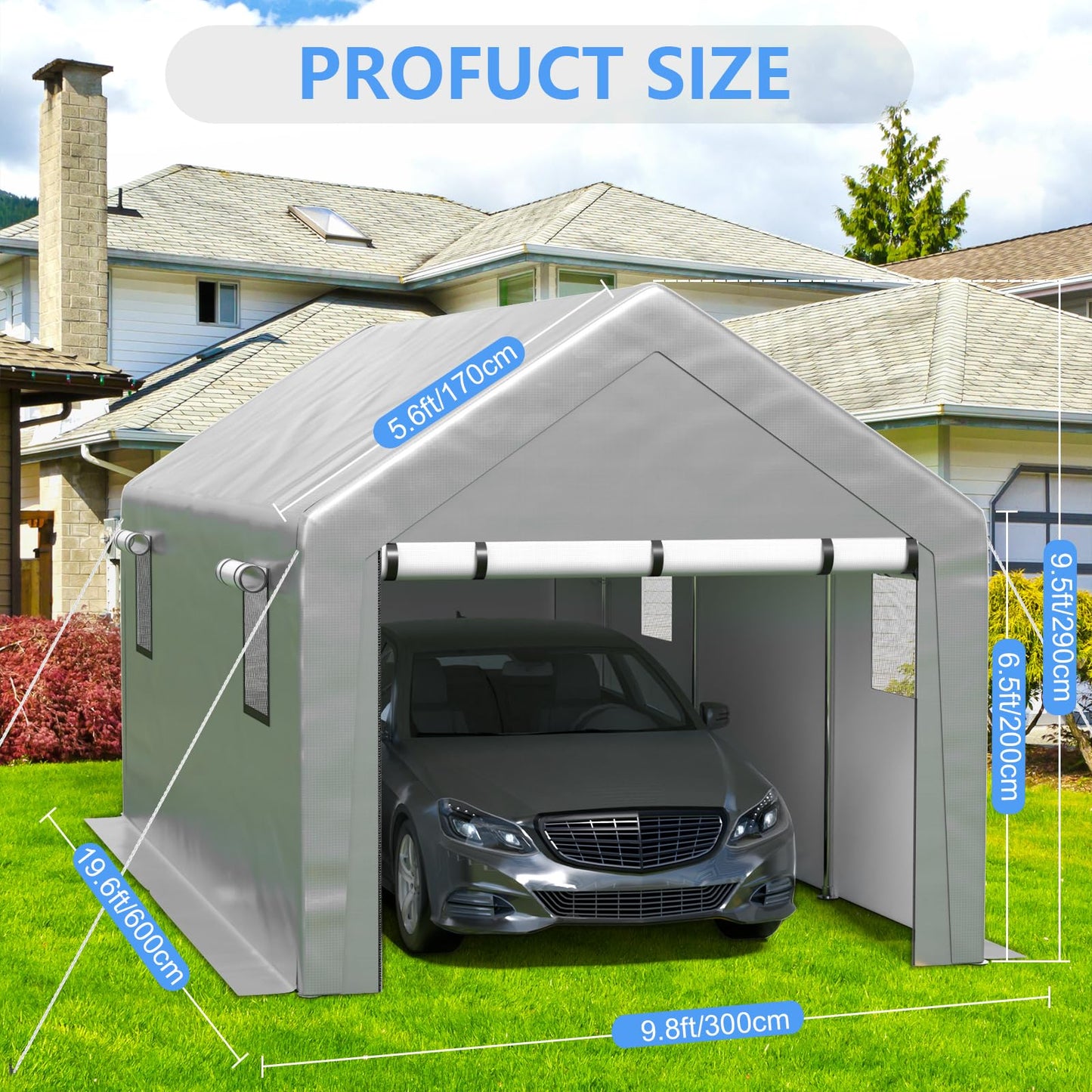 Jocoevol Carport 10x20 FT Enclosed Carport with Roll-up Windows, Portable Garage with Removable Sidewalls & Doors, Car Canopy Tent with Sandbags All-Season Tarp for Car Boat Truck Motorcycle