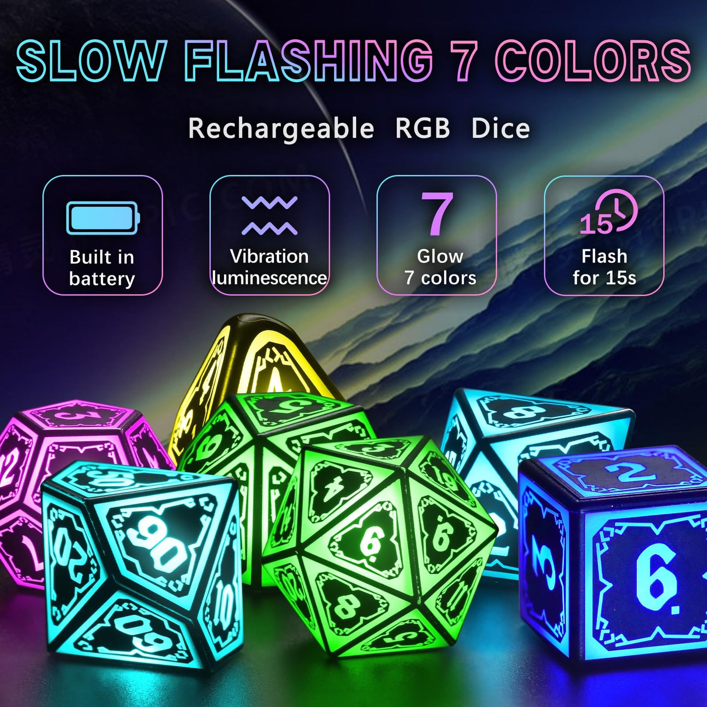 FONVGOGO Wireless Light Up Dice Set D and D RGB for Dungeons and Dragons,Cool LED DND Dice with Charging Box Rechargeable 7 Color Polyhedral Role Playing Dice for DND Gifts RPG(Astral Shard Black)