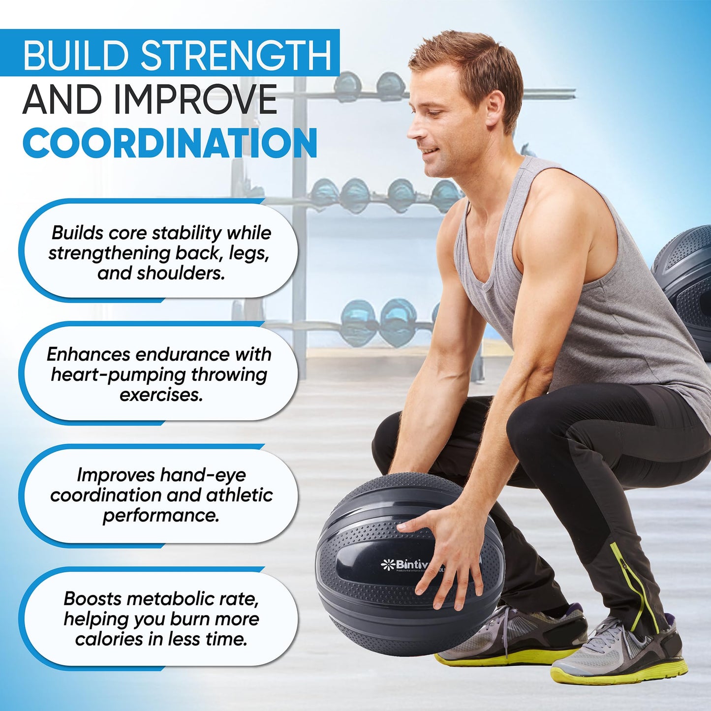 bintiva Non Bounce Slam Ball - Exercise Weighted Deadball for Workout and Fitness Routines - Medicine Dead Weight Ball