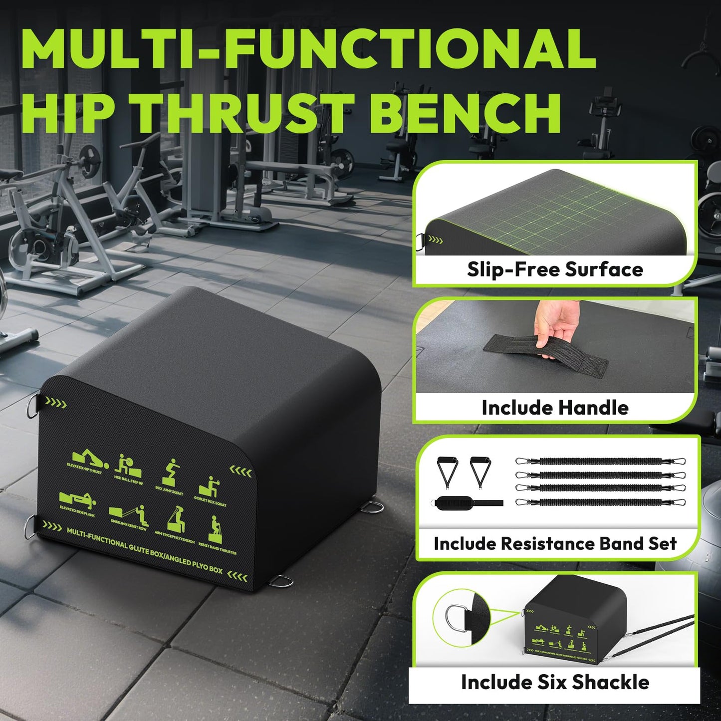 HANDBODE Hip Thrust Bench, Multi-Functional Slip-Free Hip Thrust Machine for Glute Bridge, Box Jump, Push-Ups, Squat, Ab Exercise, Suitable for Home & Gym, Black/Green
