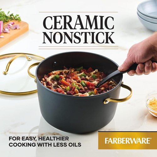 Farberware Forged Induction Stockpot - 6 Quart Ceramic Nonstick Soup Pot with Lid | Dishwasher Safe, Black & Gold